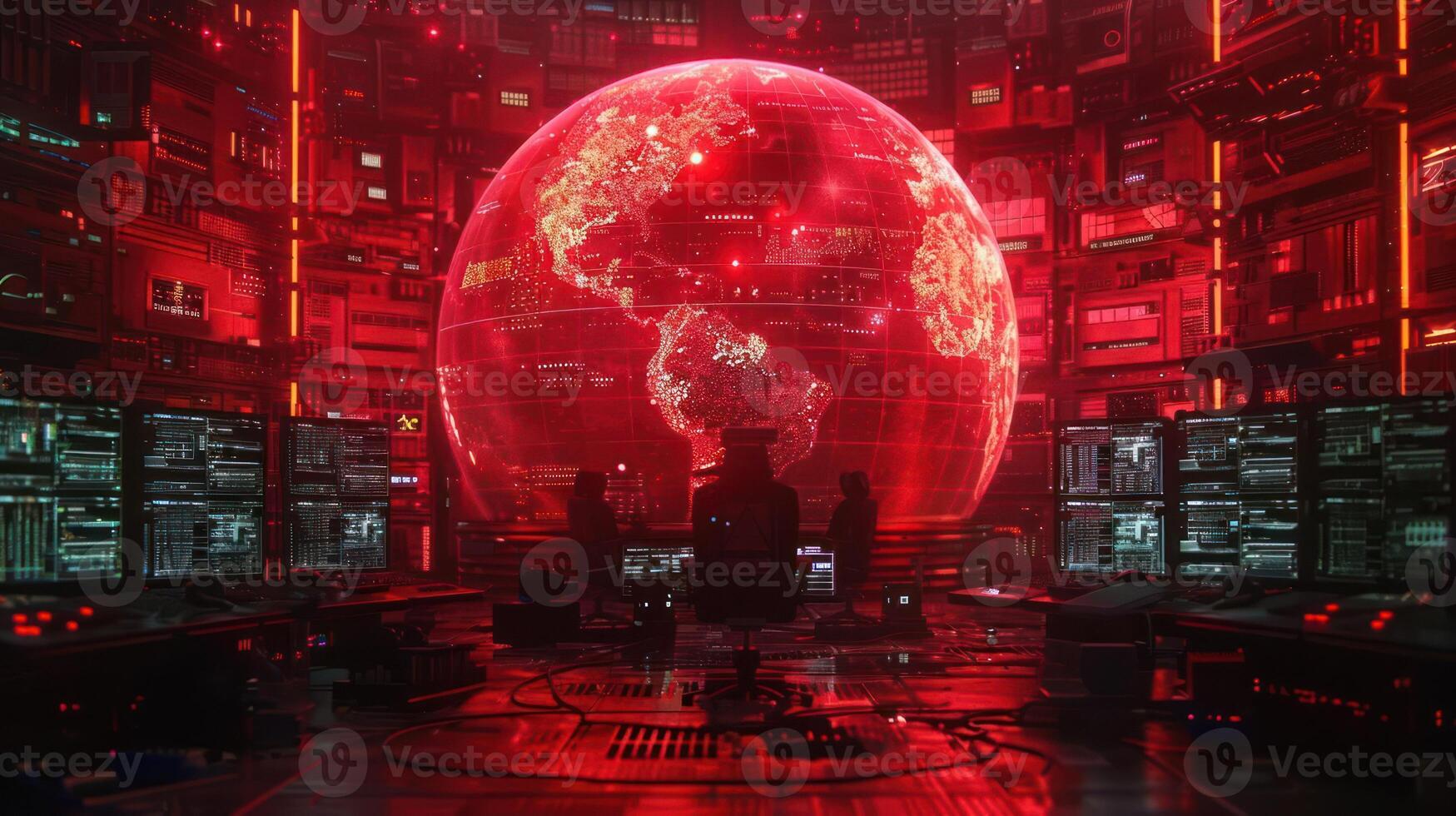 Futuristic control room with a glowing red globe, showcasing technology and data analysis photo