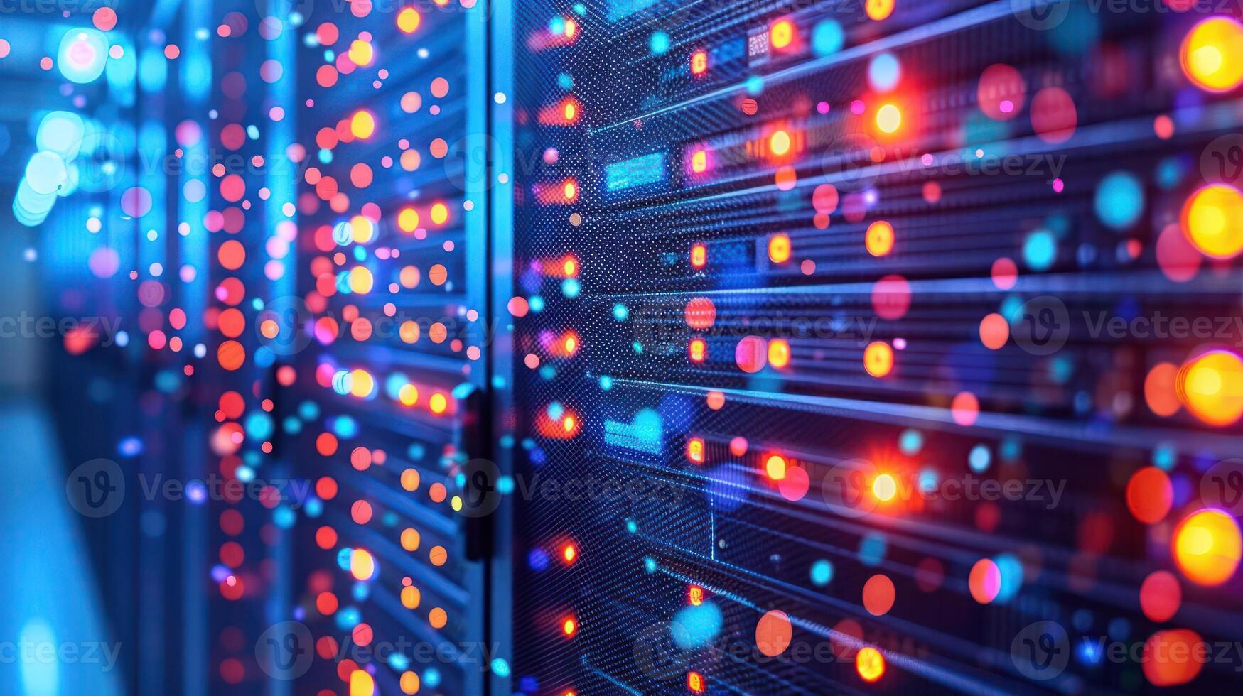 Vibrant data center environment with illuminated servers and colorful light patterns in the background photo