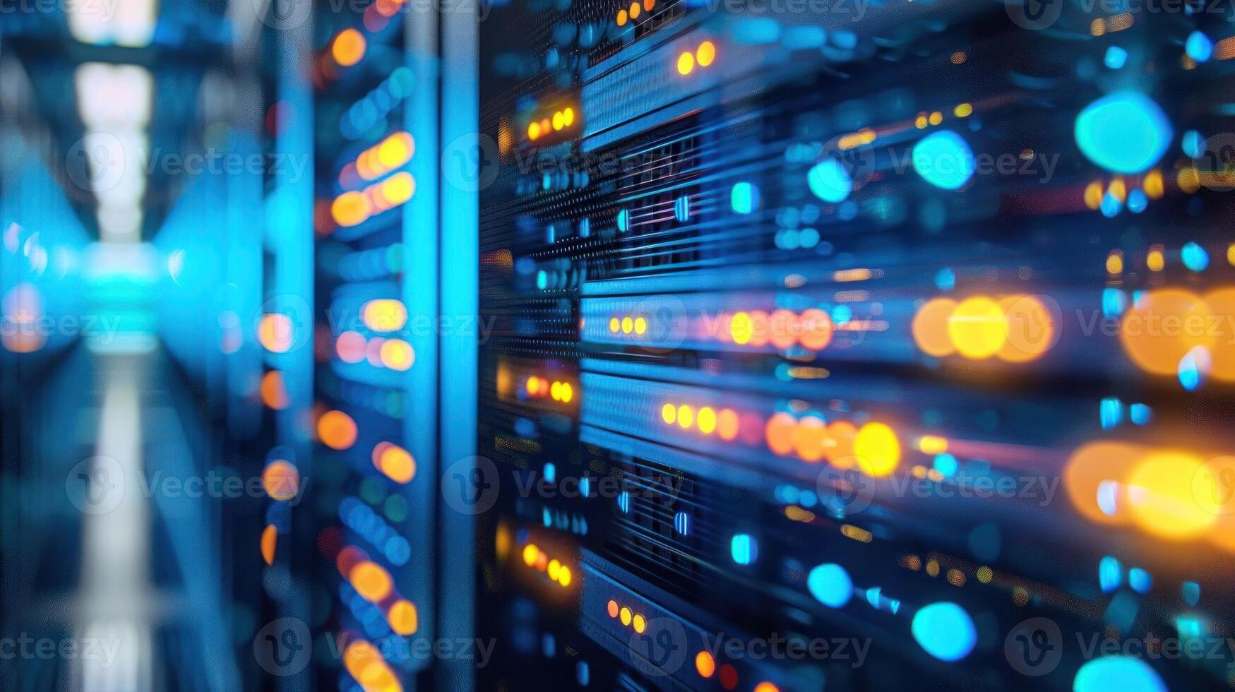 Vibrant Data Center with Illuminated Server Racks and Blurred Background Action photo