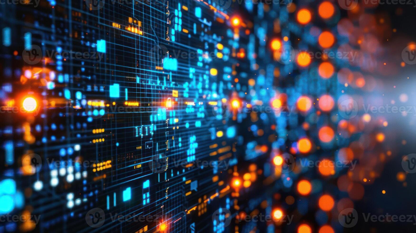 Abstract representation of digital data flow with vibrant lights and patterns in a technological space photo