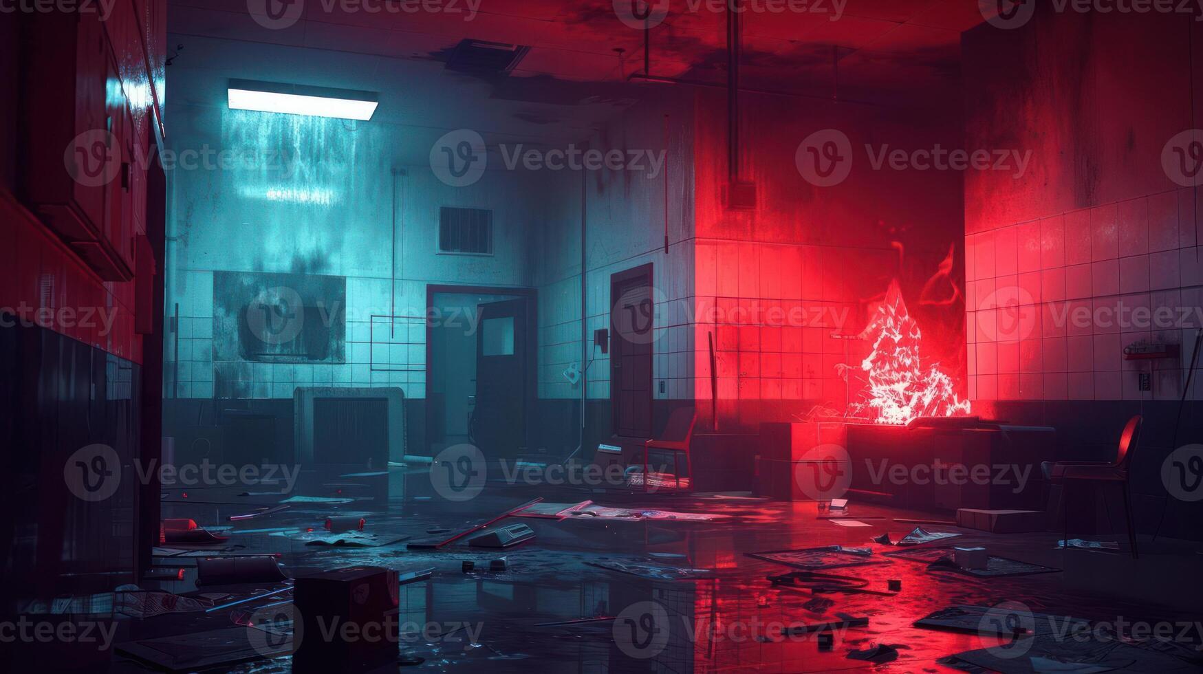 Abandoned hospital corridor illuminated by eerie red and blue lights, debris scattered around, evoking mystery photo