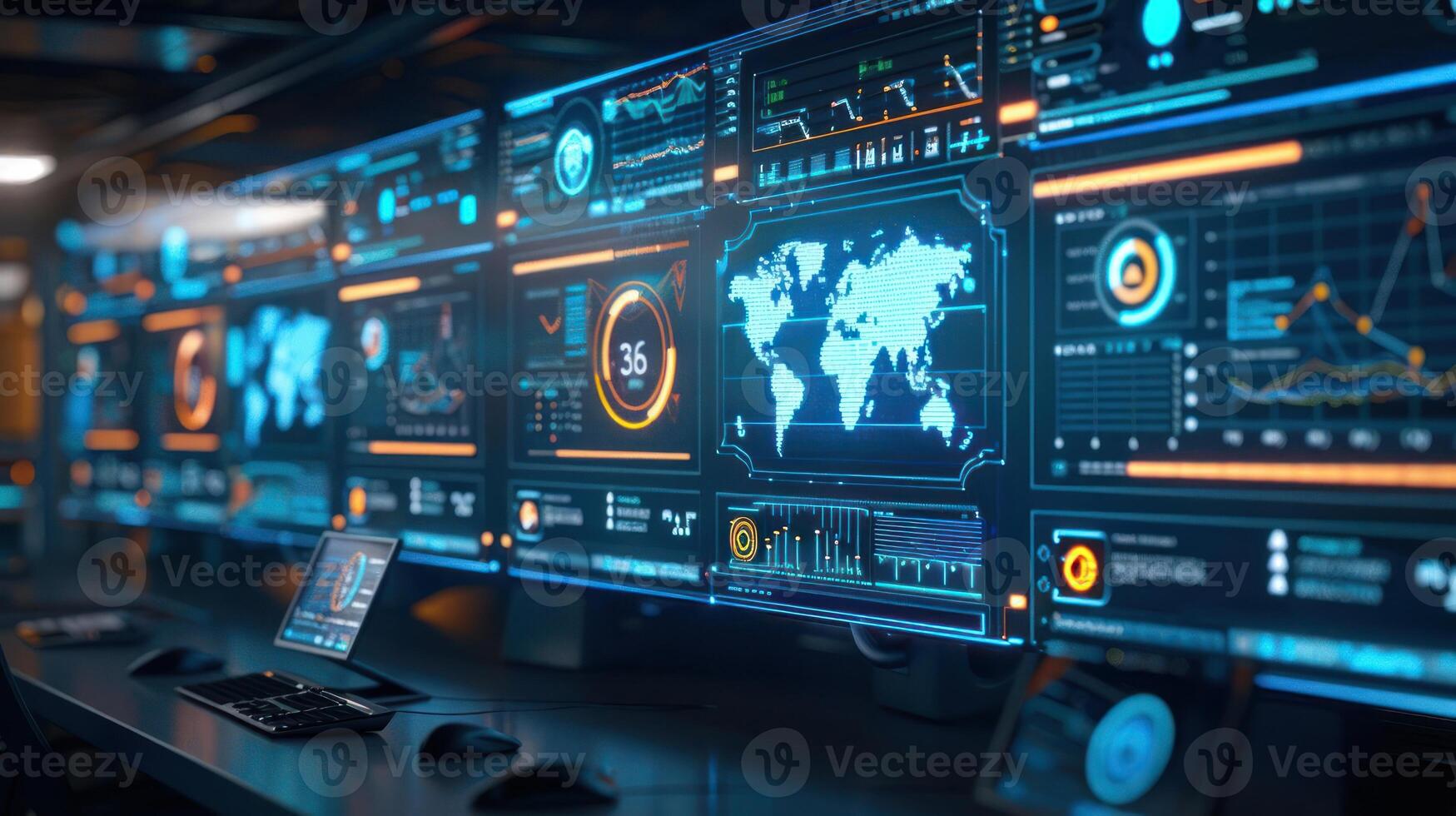 Futuristic control room with multiple screens displaying data analytics and world map visualization photo