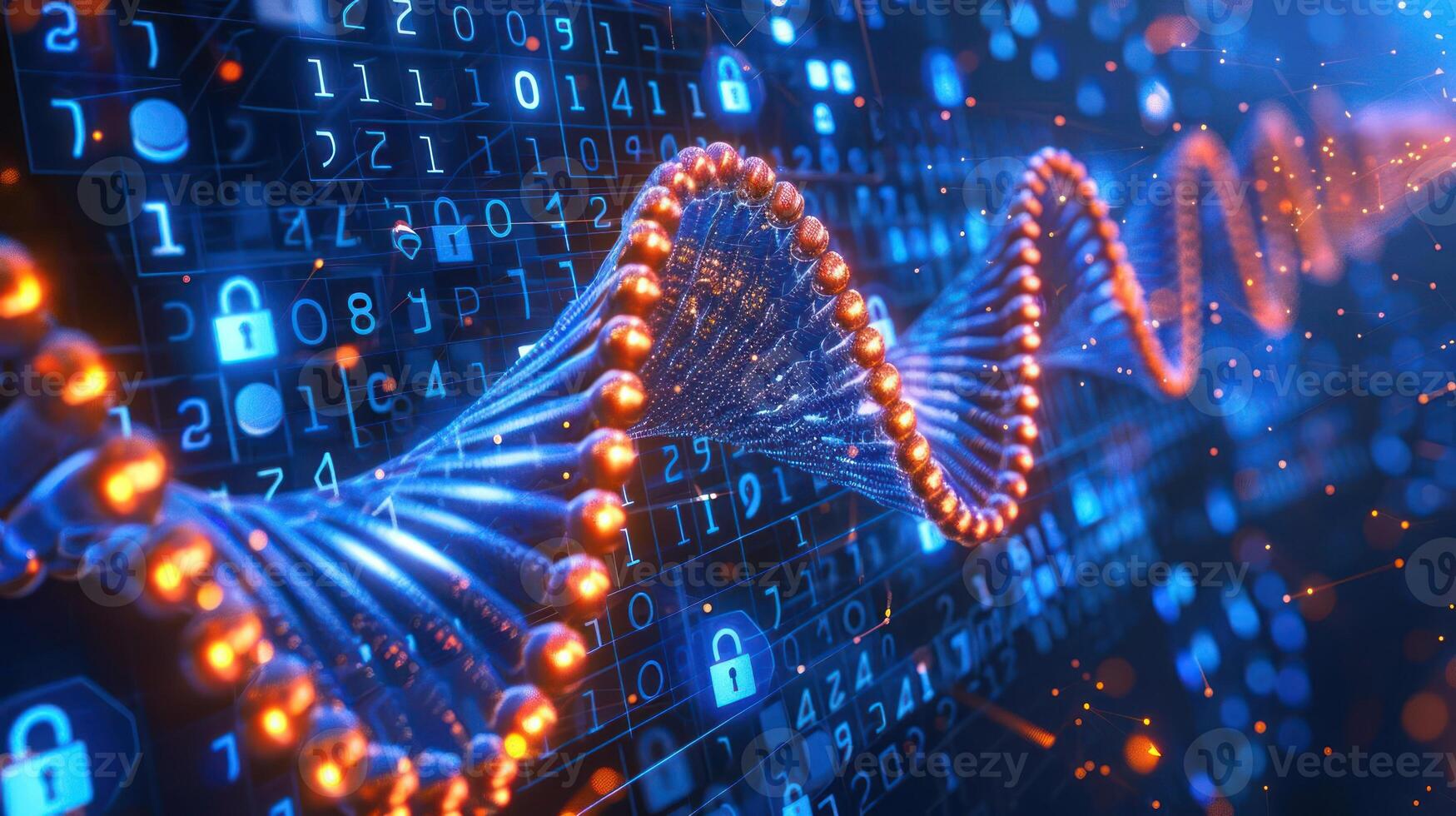 Abstract representation of digital data and DNA strands with security elements and glowing lights photo