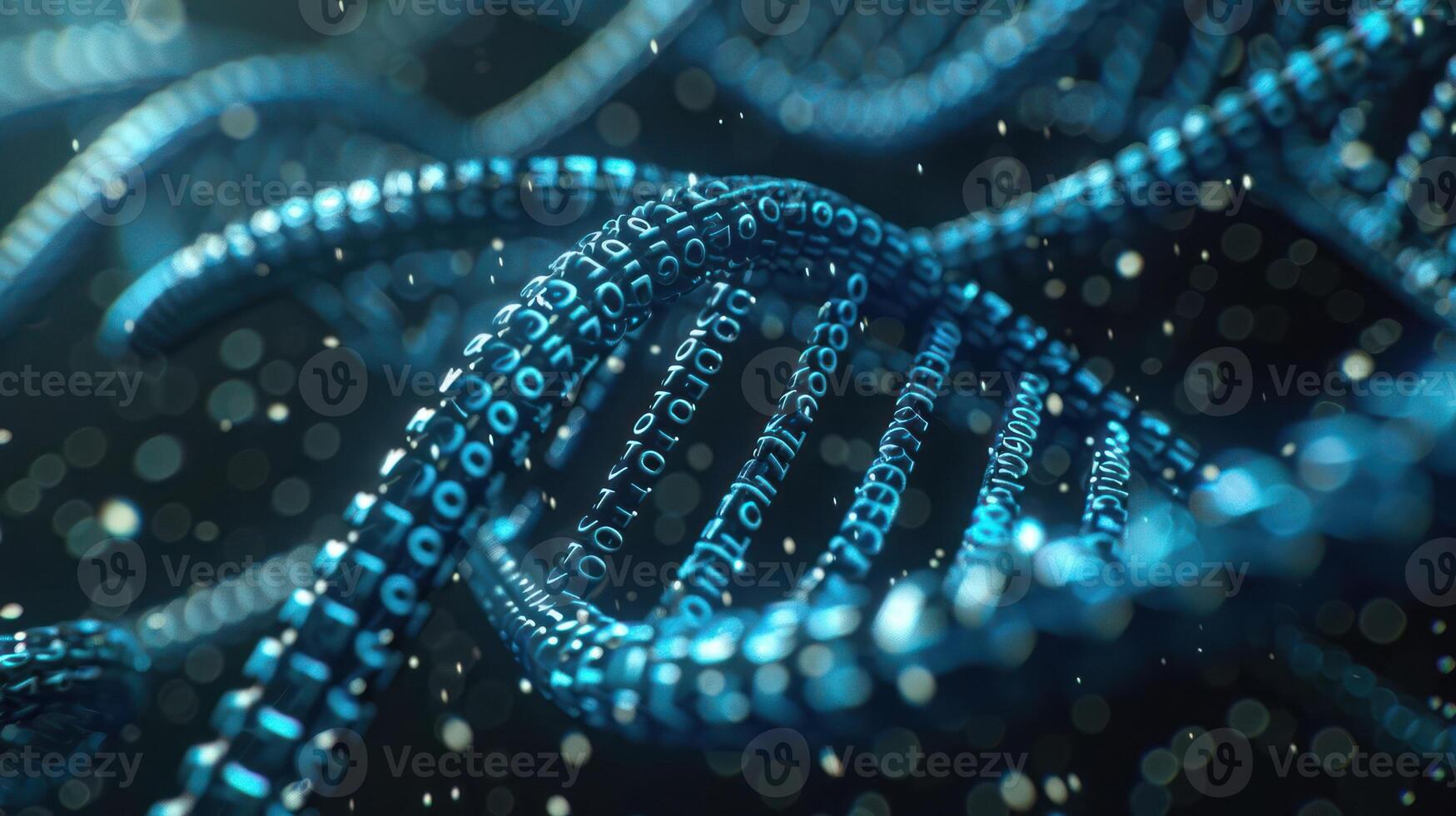 Abstract representation of digital DNA strands with binary code and glowing particles in dark space photo