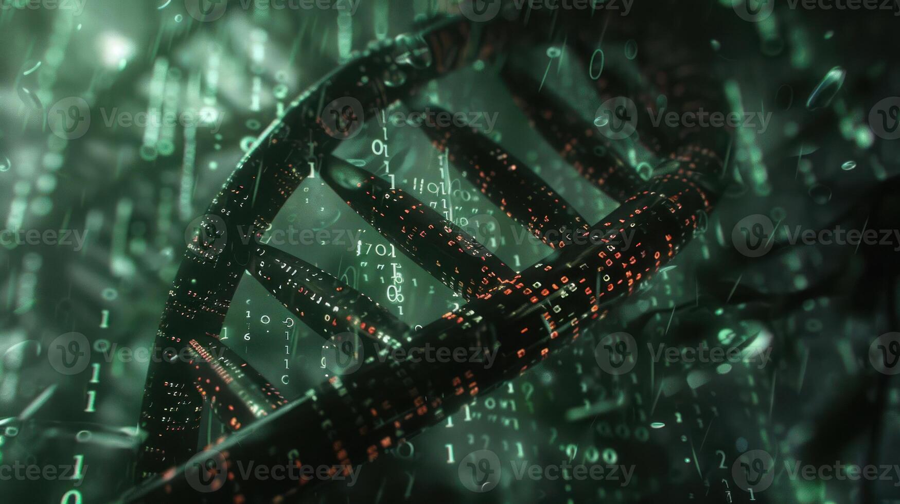 Abstract representation of DNA structure intertwined with digital binary code in a dark, futuristic setting photo