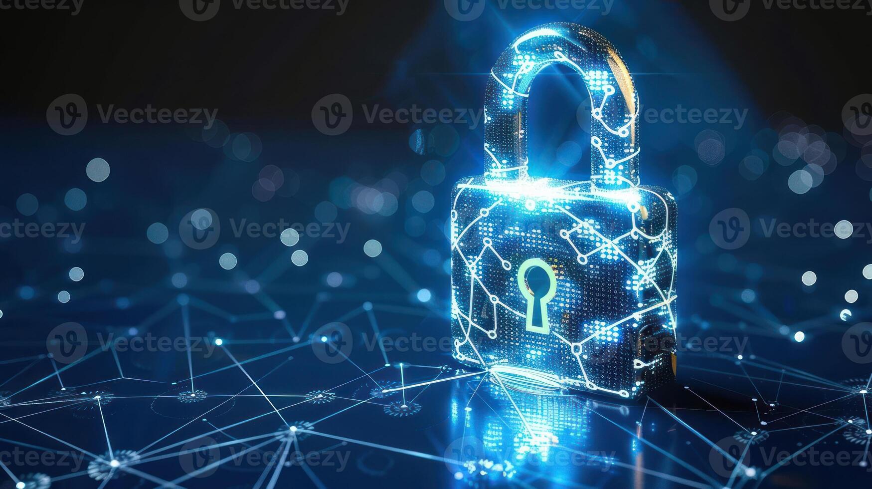 Digital padlock symbolizing cybersecurity with glowing network connections in background photo
