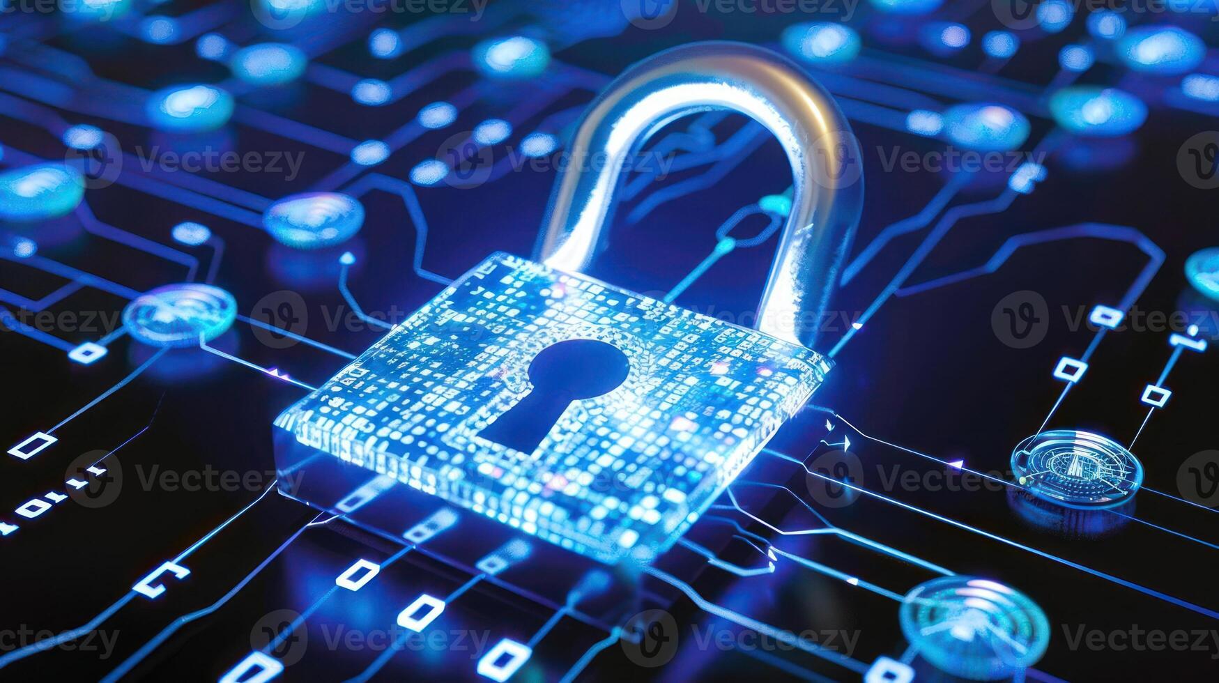 Digital padlock on a circuit board background, symbolizing cybersecurity and data protection photo