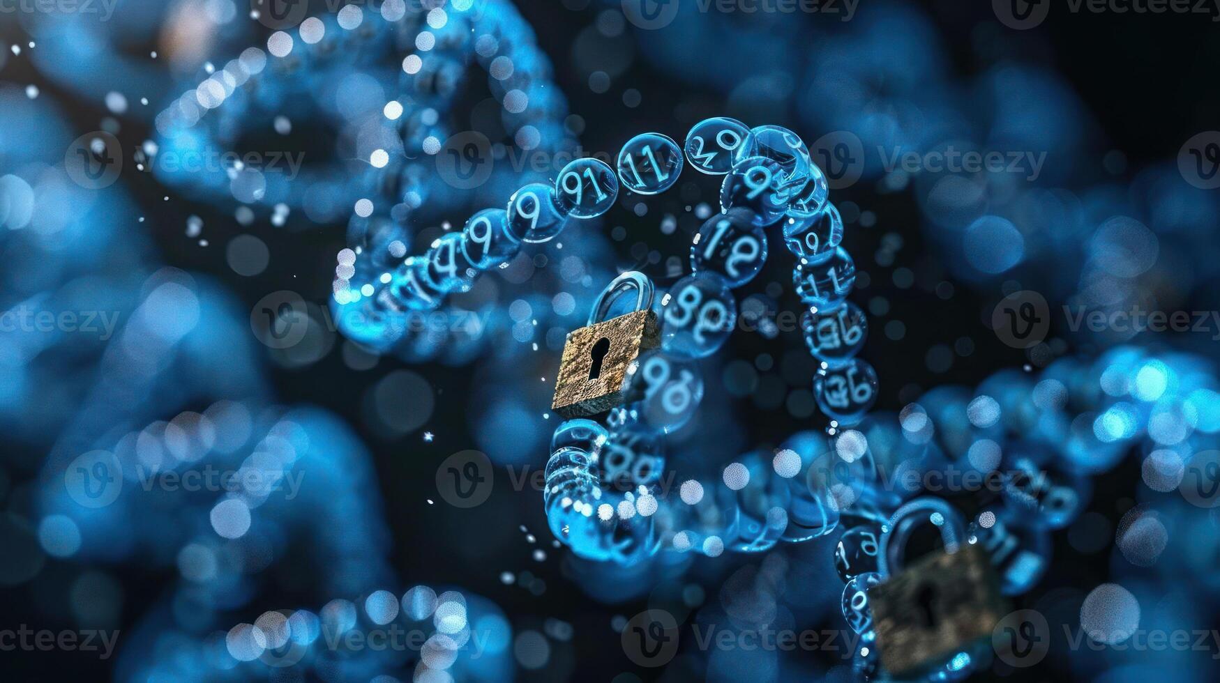 Intricate digital illustration of DNA strands with locks, symbolizing genetic security and privacy photo