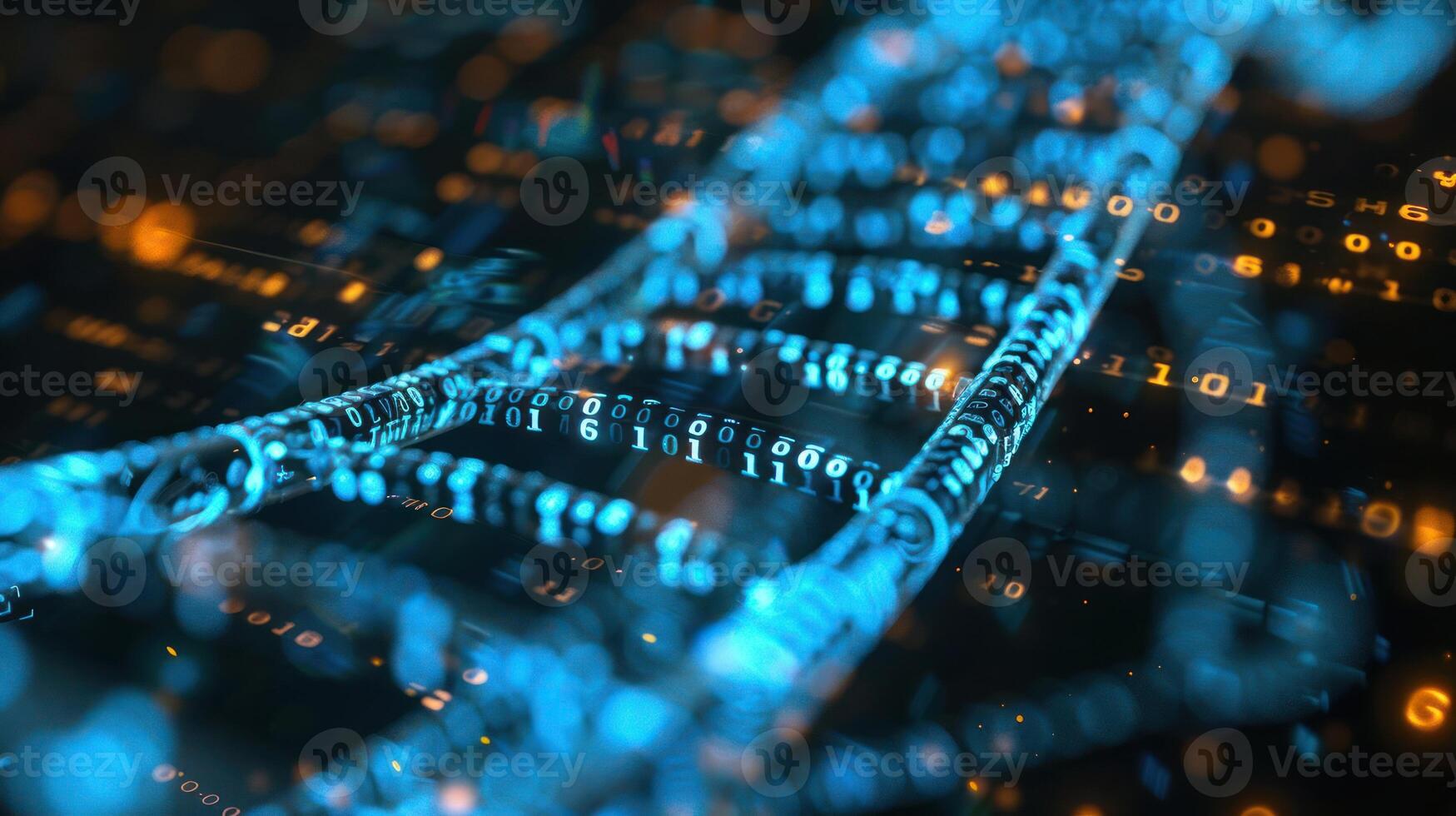 Abstract representation of DNA strands intertwined with glowing binary code and data streams photo