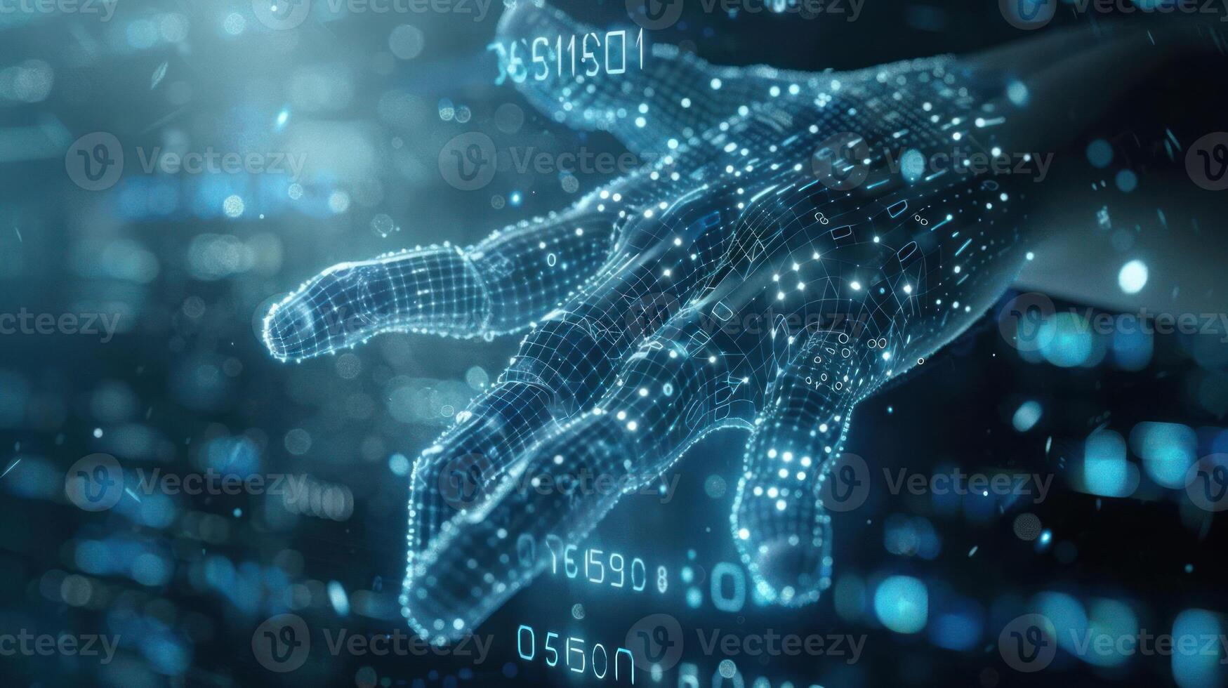 Futuristic digital hand reaching out amidst a backdrop of glowing data streams and binary code photo