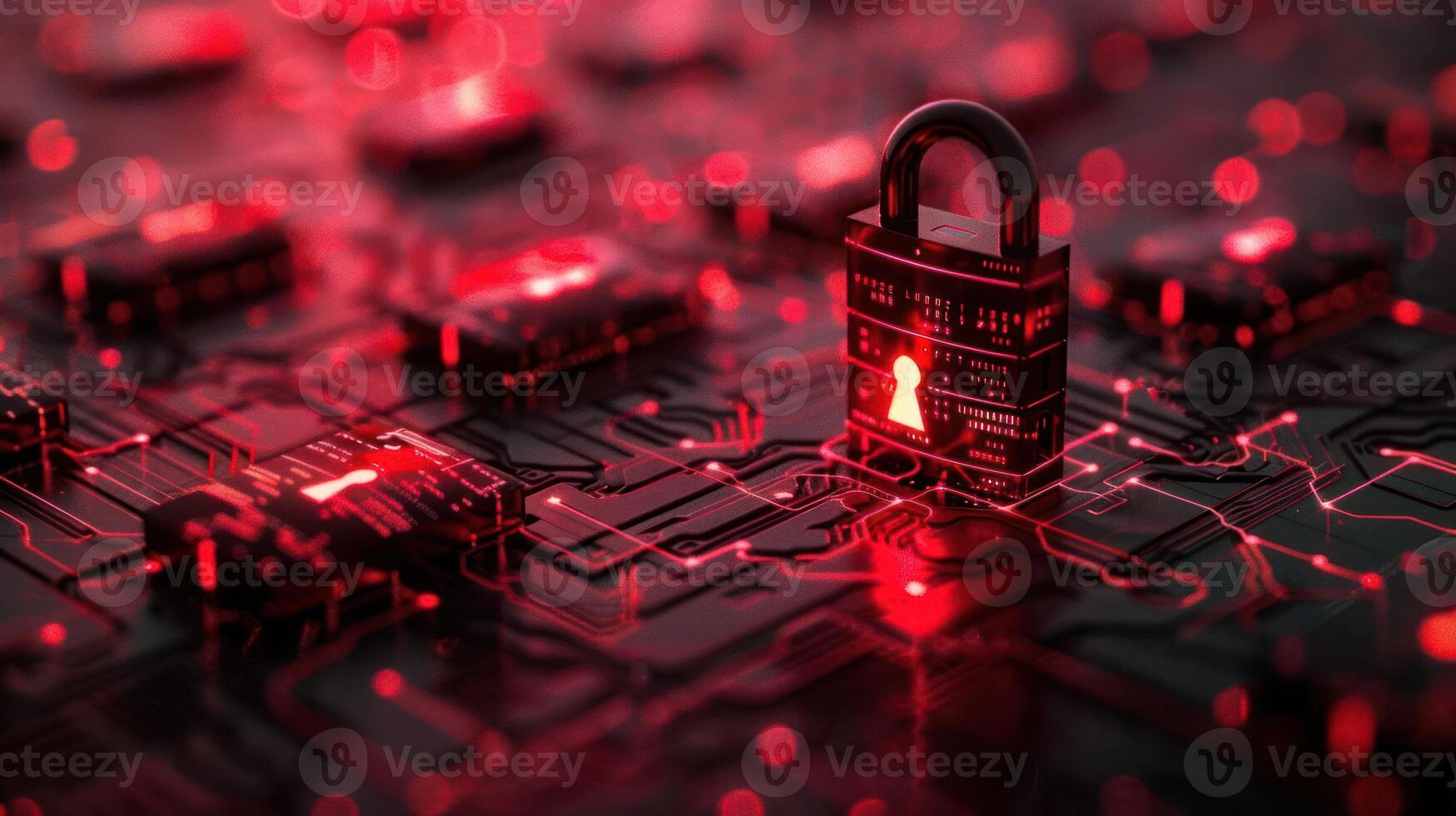 Digital security concept with a padlock on a circuit board illuminated in red tones photo