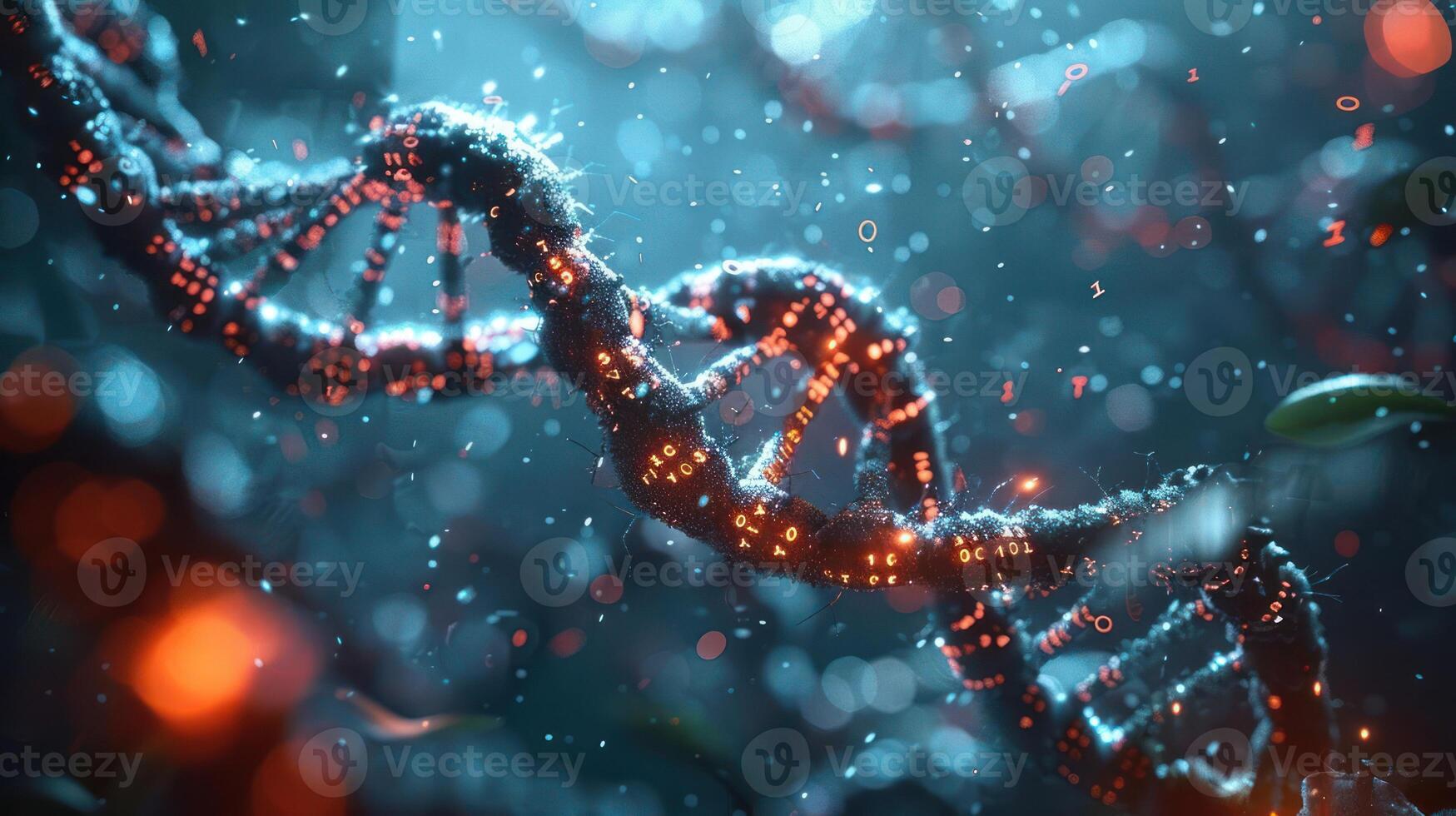 Intricate close-up of DNA strand illuminated by glowing particles in a vibrant, scientific environment photo