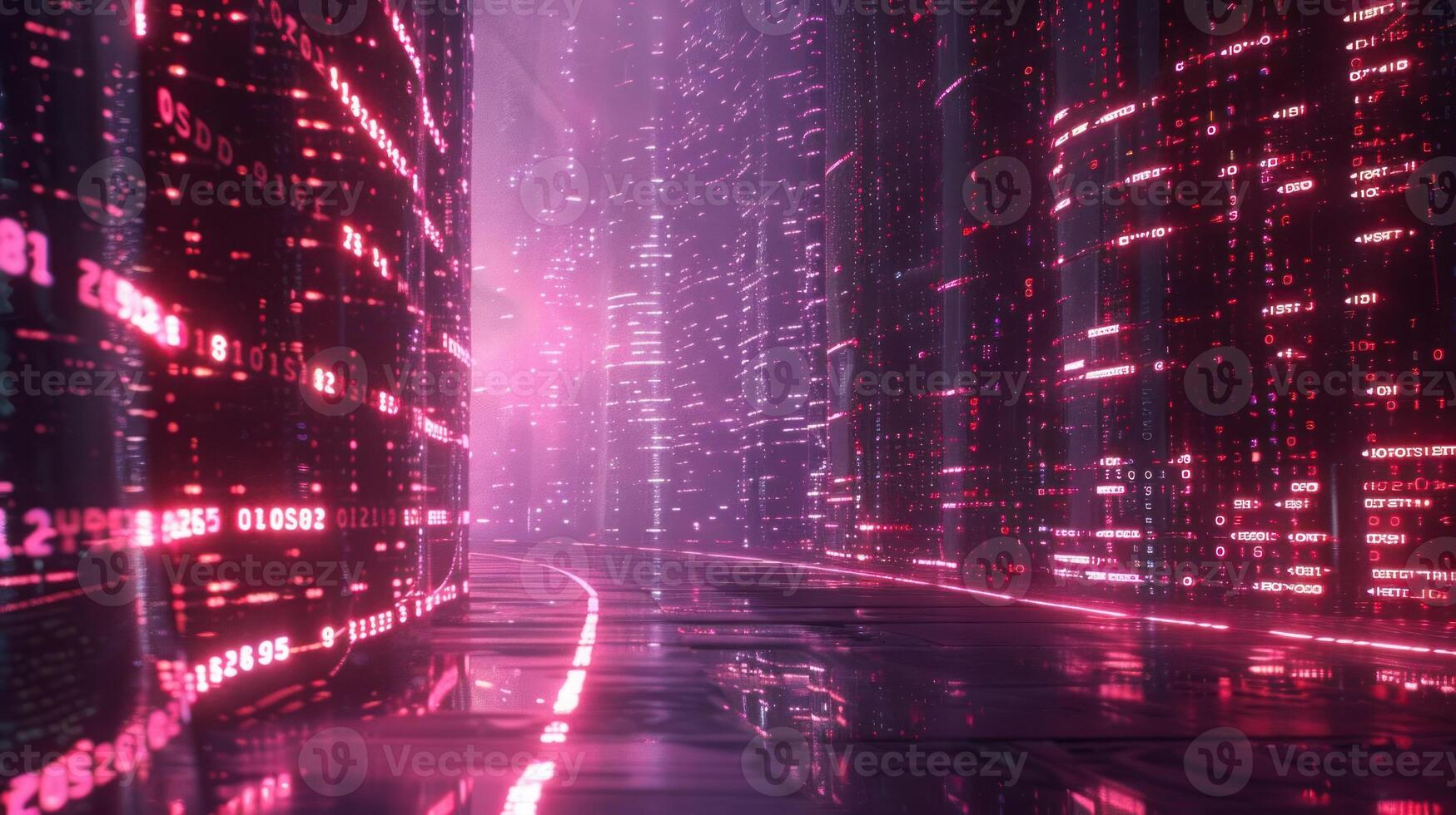 Futuristic digital cityscape with glowing neon data streams and reflective surfaces at night photo