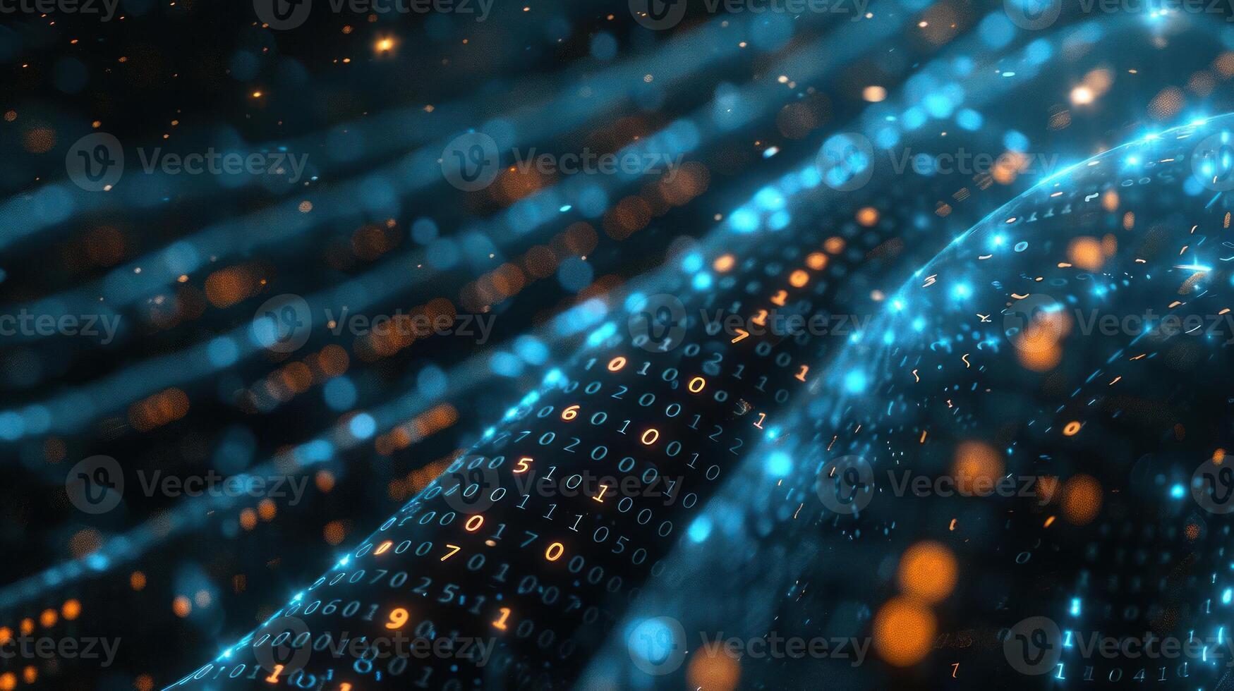 Abstract representation of flowing digital data with binary code and glowing particles in motion photo