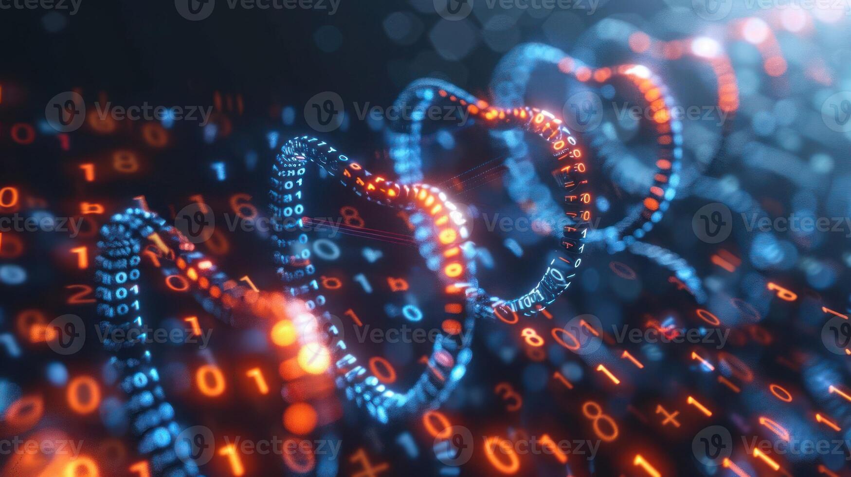Abstract representation of digital data flow with binary code and glowing heart shapes in a futuristic setting photo
