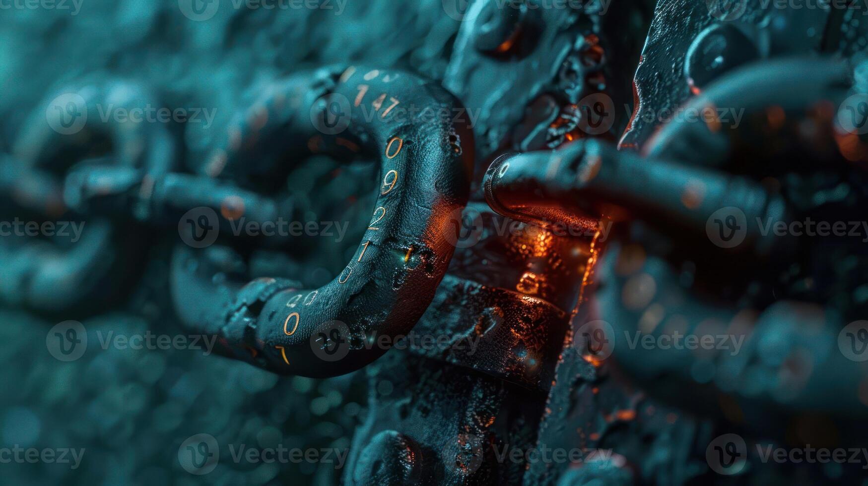 Close-up of an aged, rusty chain link with numbers, illuminated by a soft glow, against a textured background photo