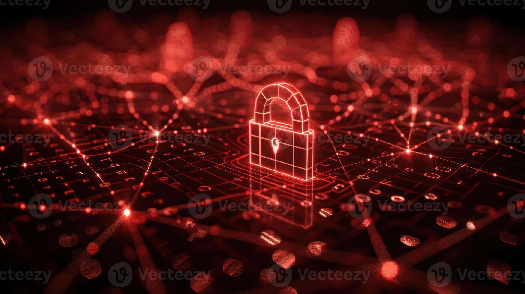 Abstract representation of digital security with glowing padlocks amidst a network of connections photo