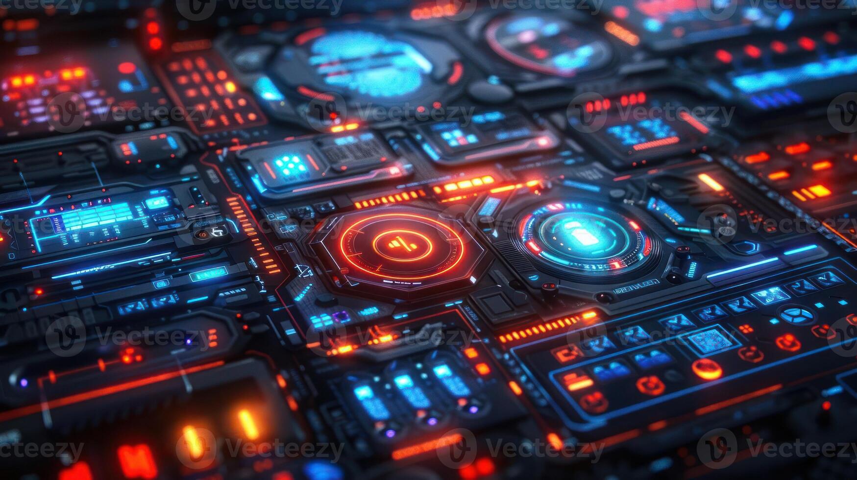 Futuristic control panel interface with glowing buttons and digital displays in a tech environment photo