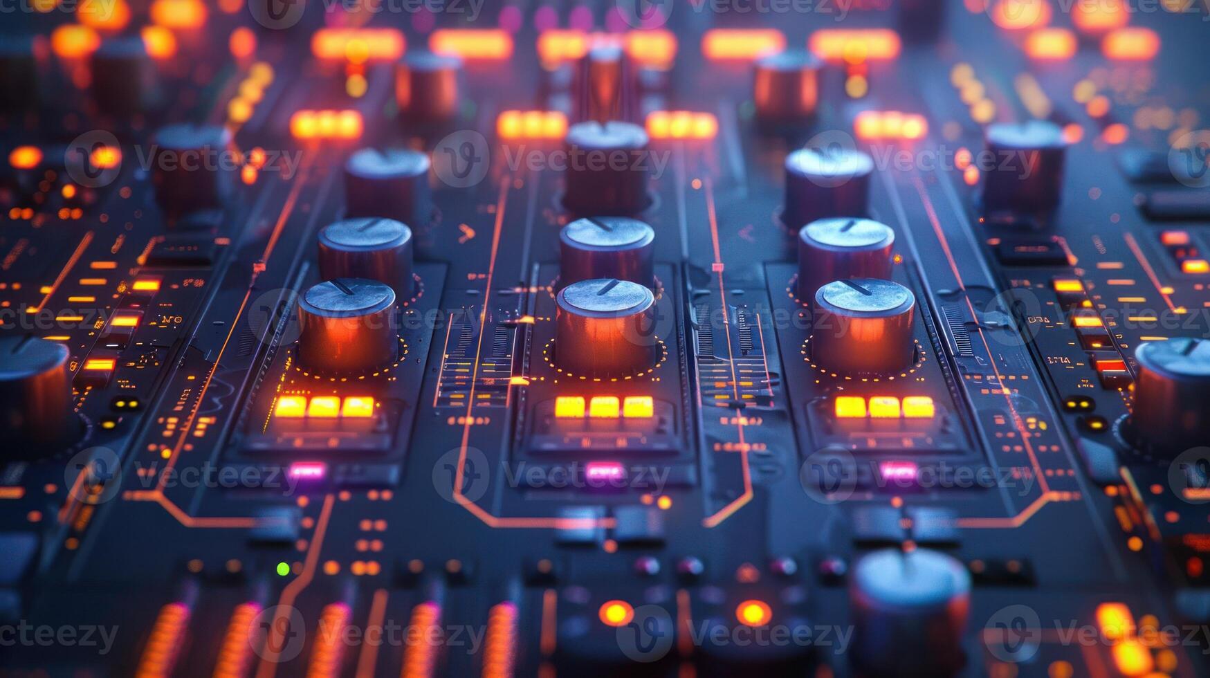 Close-up view of a vibrant audio mixer with illuminated controls and knobs, creating music photo