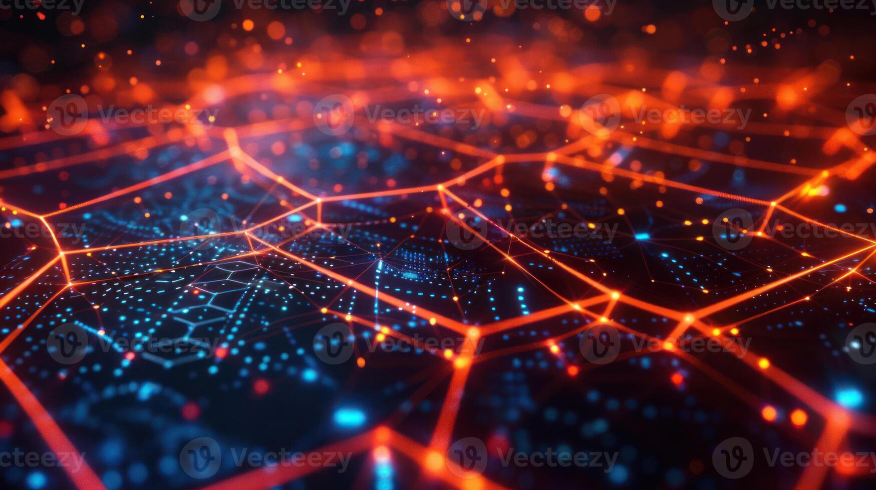 Abstract representation of a digital network with glowing nodes and interconnected lines photo