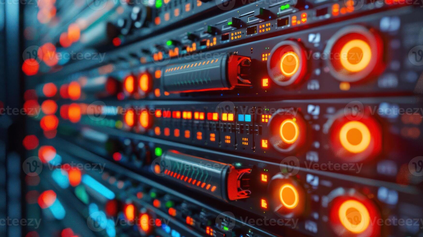 Close-up view of illuminated server rack components showcasing technology and data processing photo