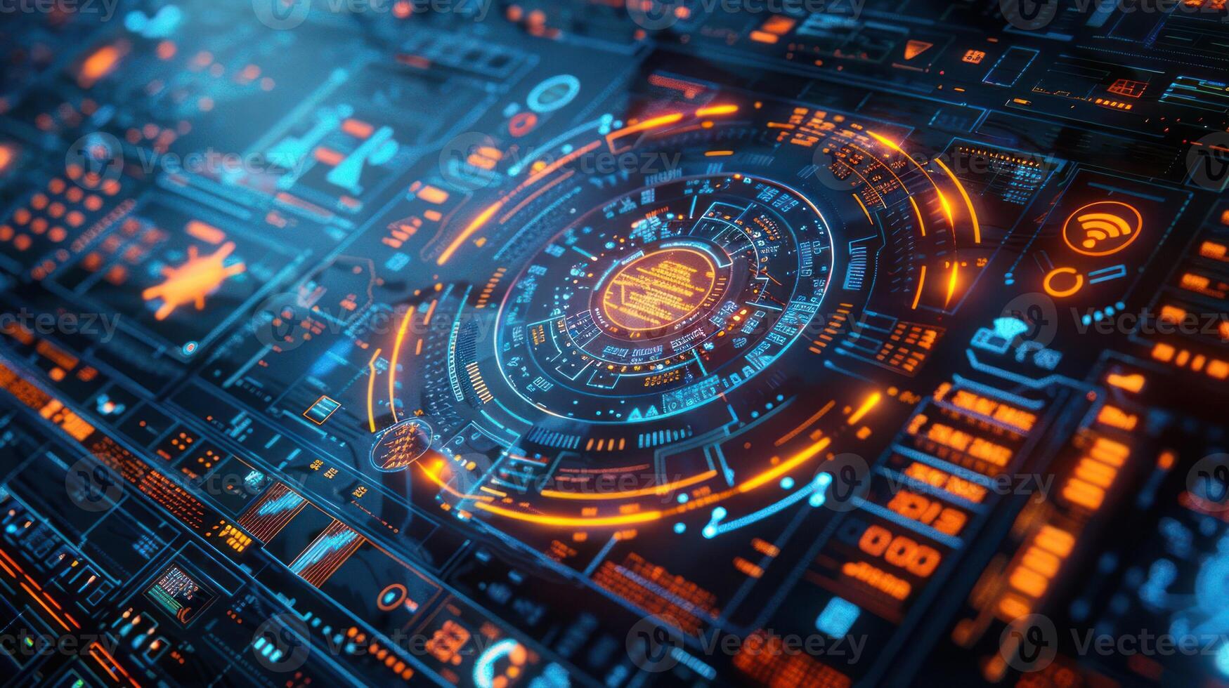 Futuristic digital interface displaying complex data visualization with vibrant colors and patterns photo