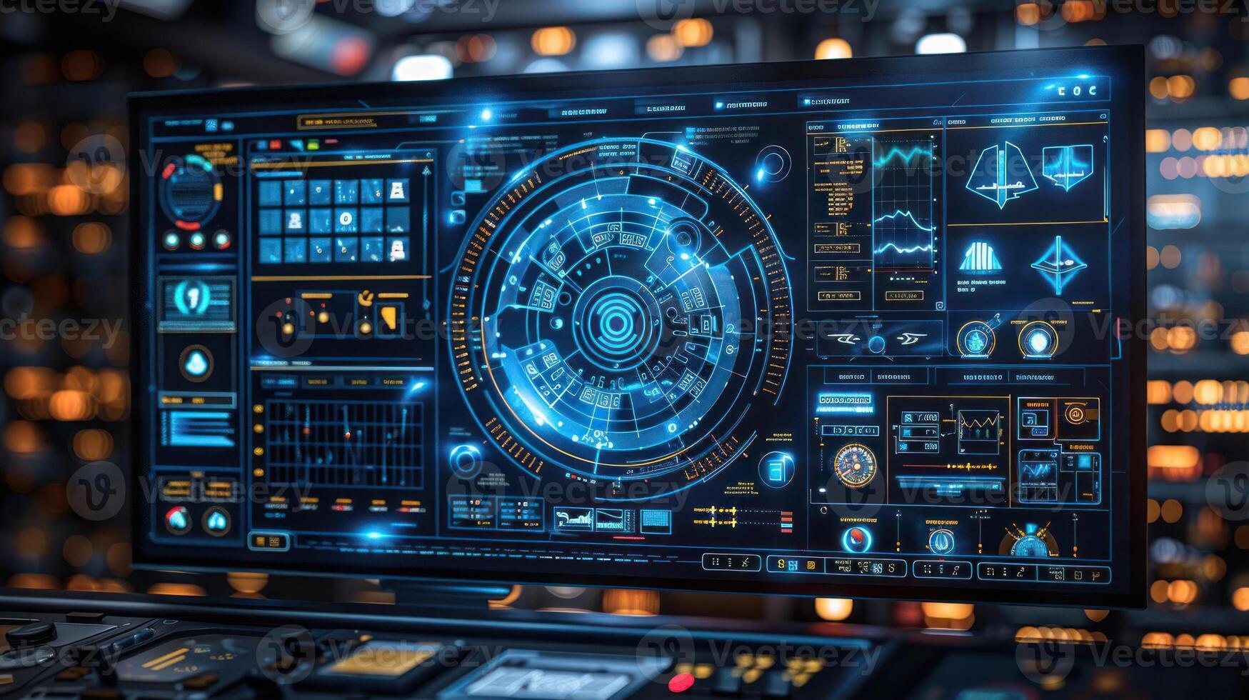 Futuristic control panel displaying intricate data visualizations and metrics in a high-tech environment photo