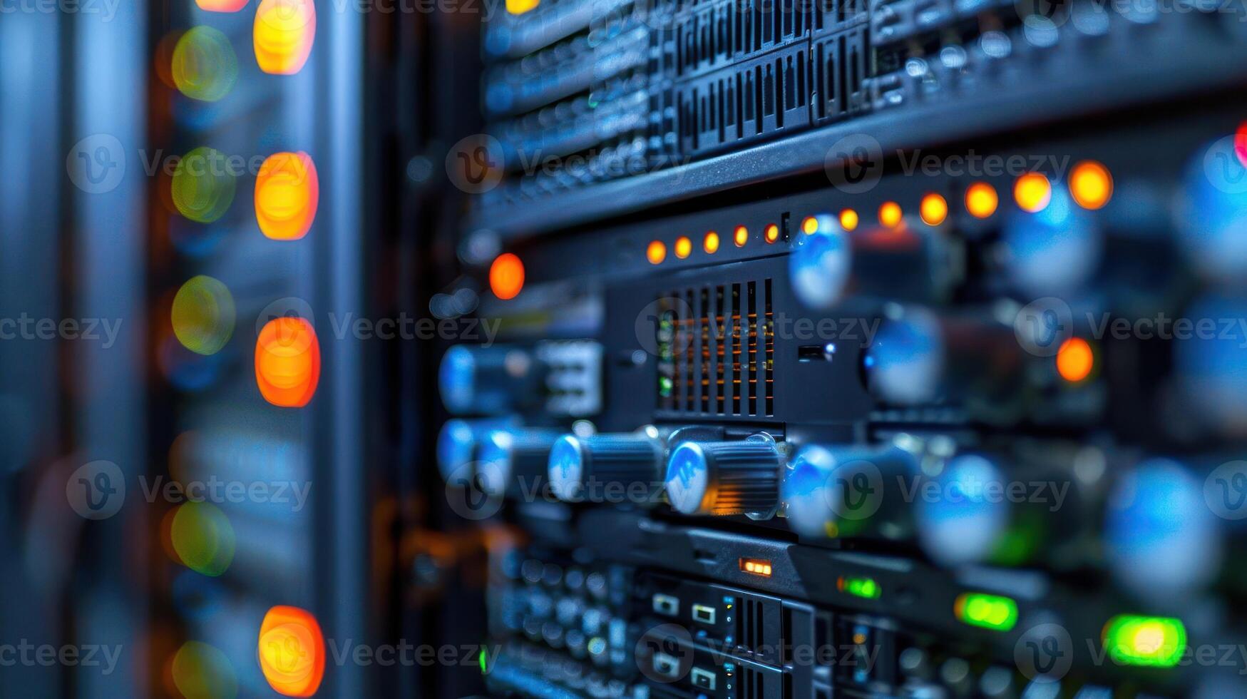 Close-up view of server rack with illuminated indicators and control knobs in a data center photo