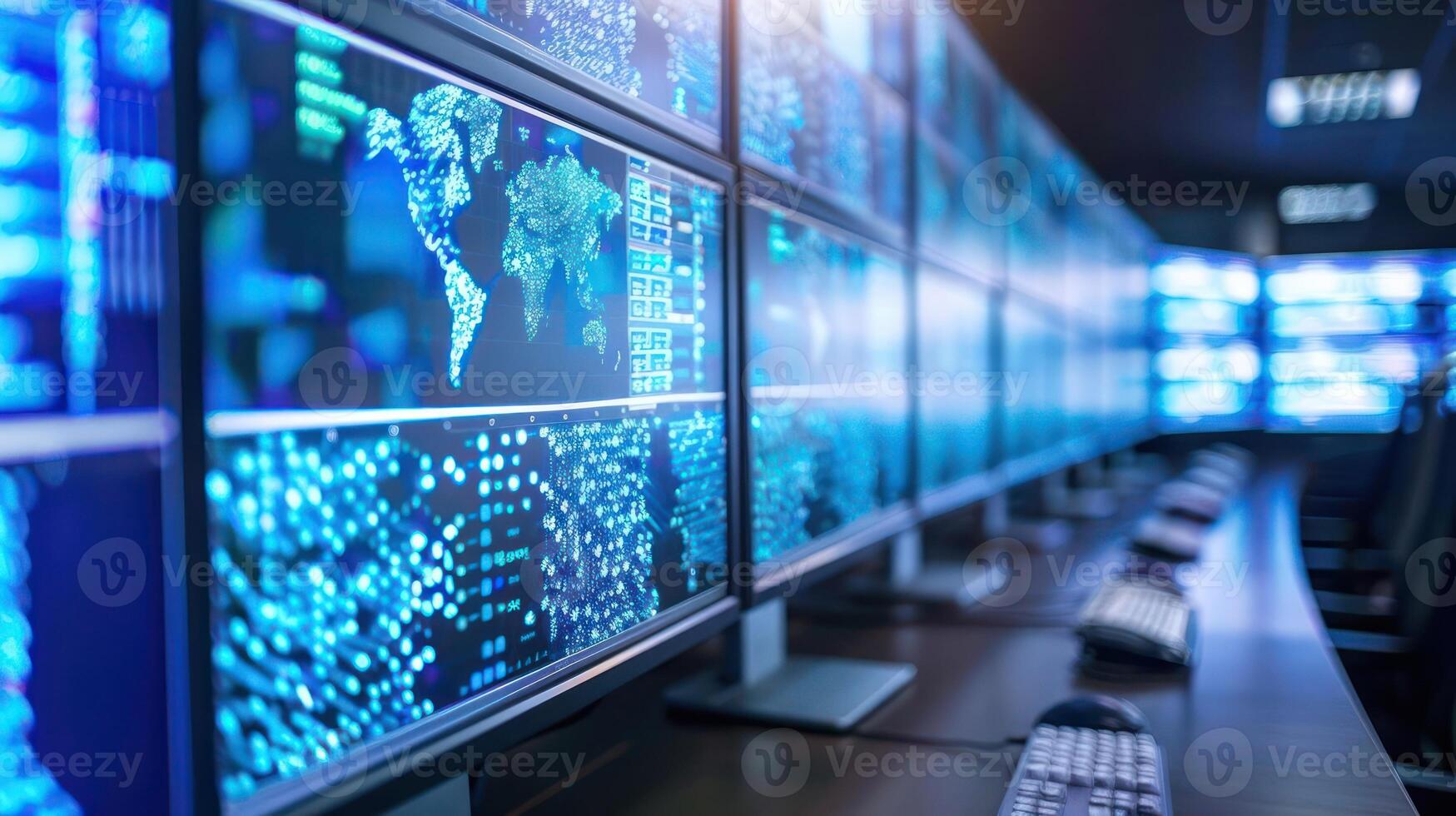 High-tech data monitoring room with multiple screens displaying global information and analytics photo
