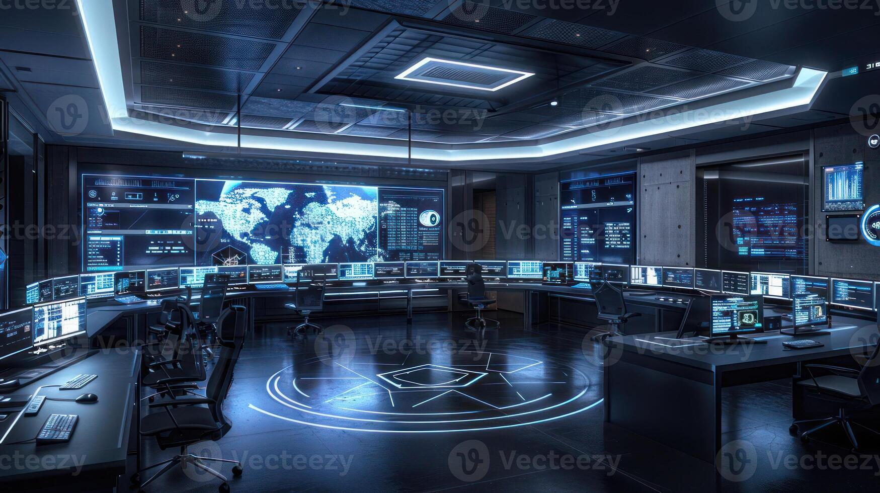 High-tech control room with large screens displaying world map, busy monitors, and futuristic design photo