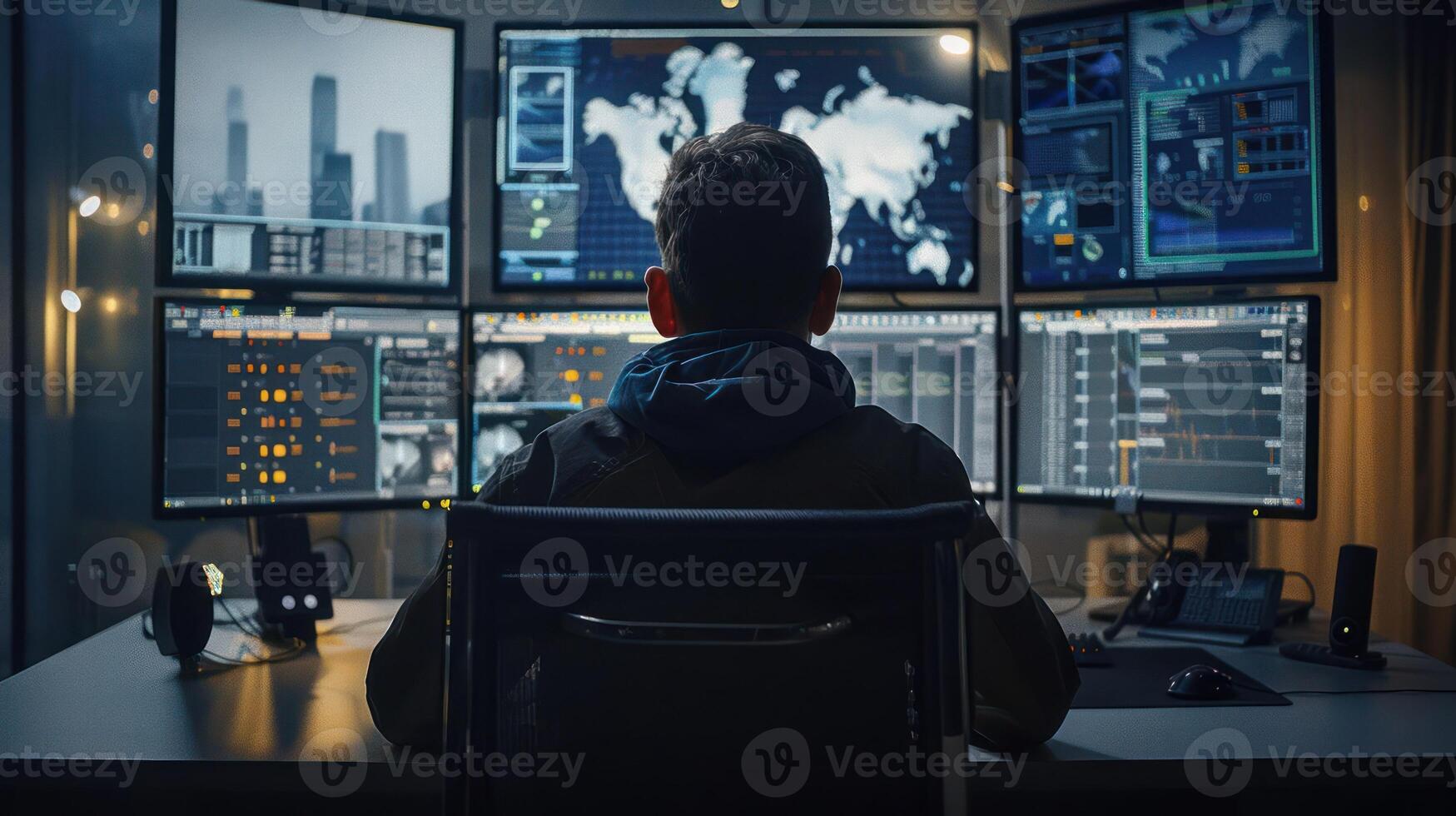 Individual monitoring multiple screens displaying global data and analytics in a dark control room photo