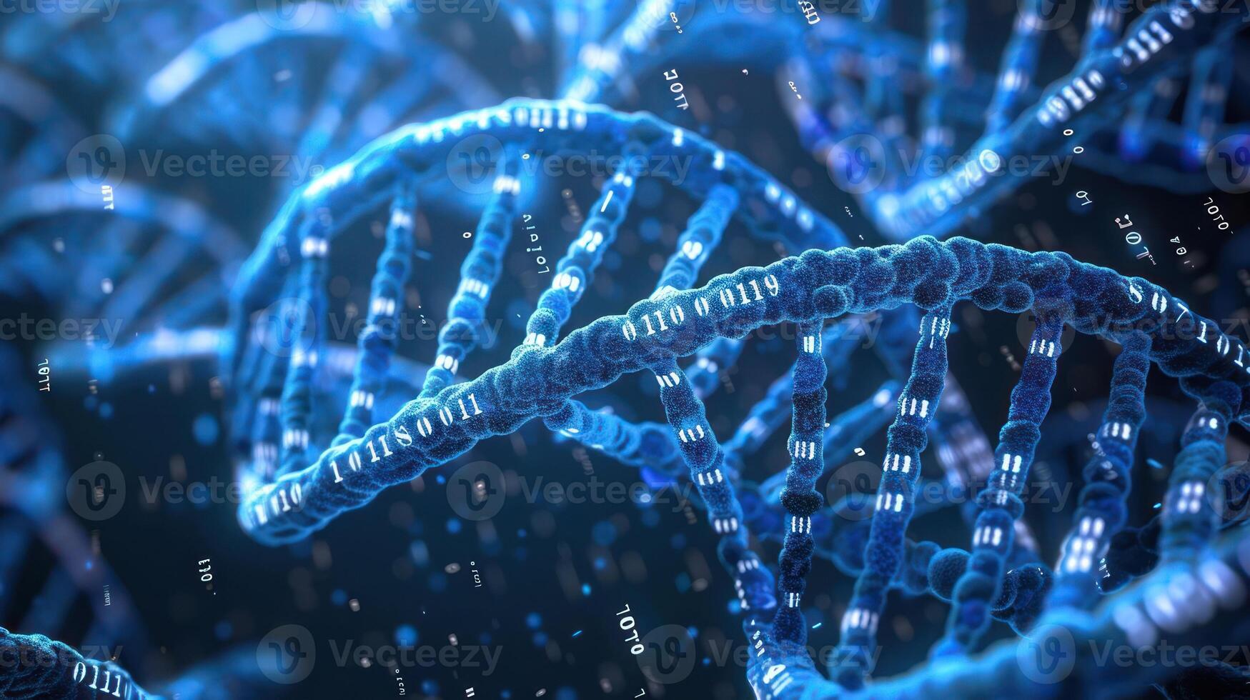 Close-up view of intricate DNA strands illuminated by blue light, showcasing genetic data and molecular structures photo