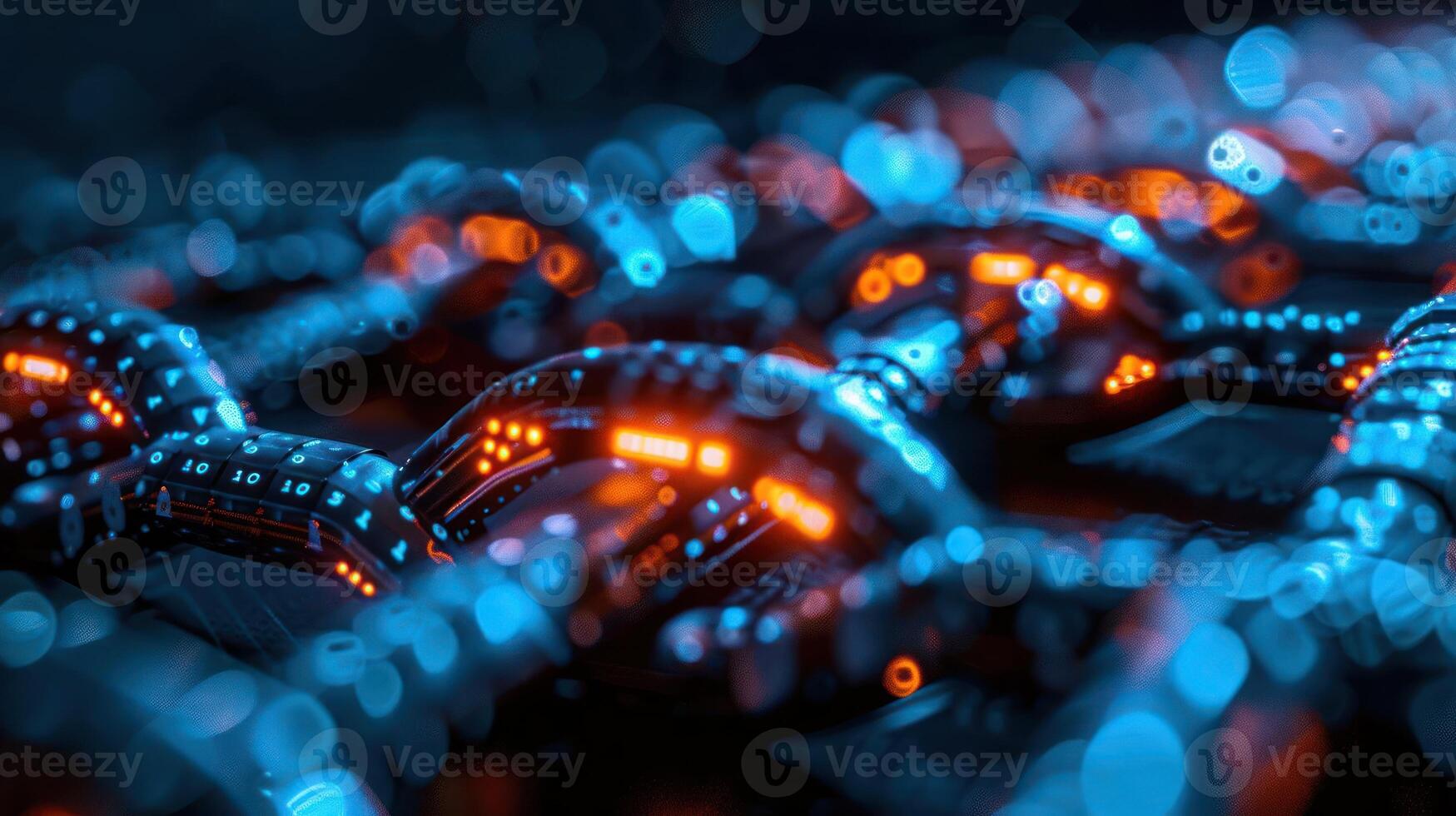 Abstract close-up of glowing interconnected circuits in a digital landscape with vibrant colors photo