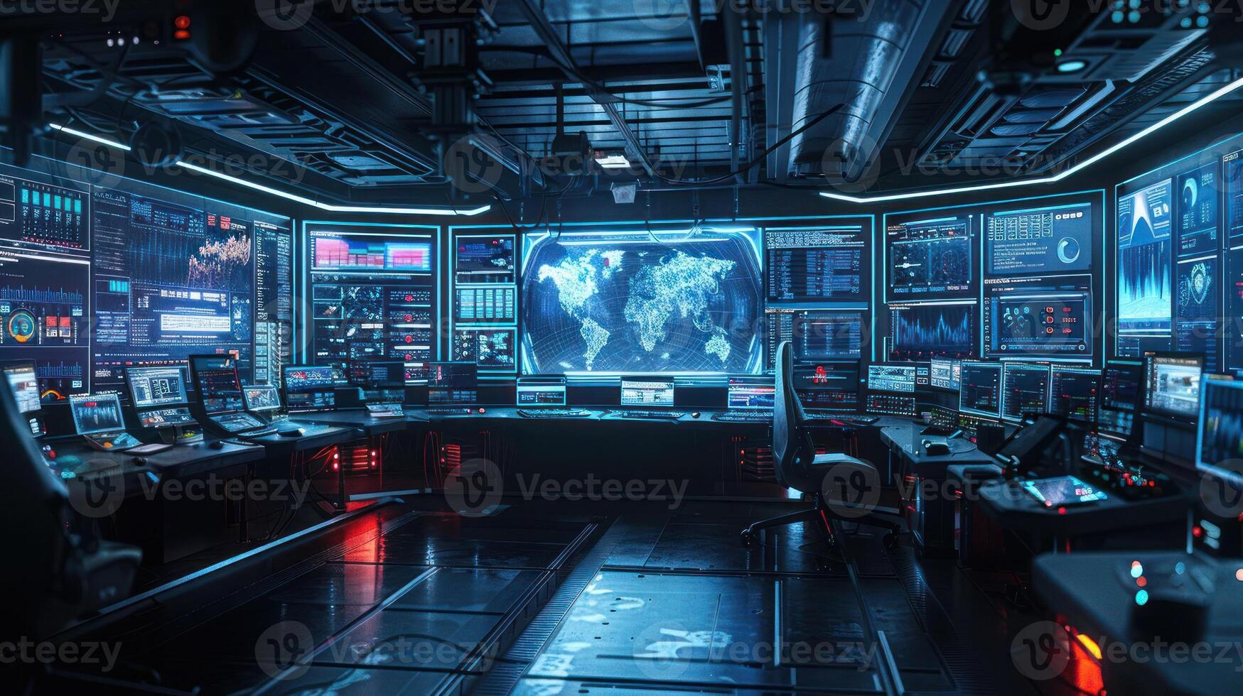 High-tech control room with global maps, data displays, and monitoring equipment in action photo