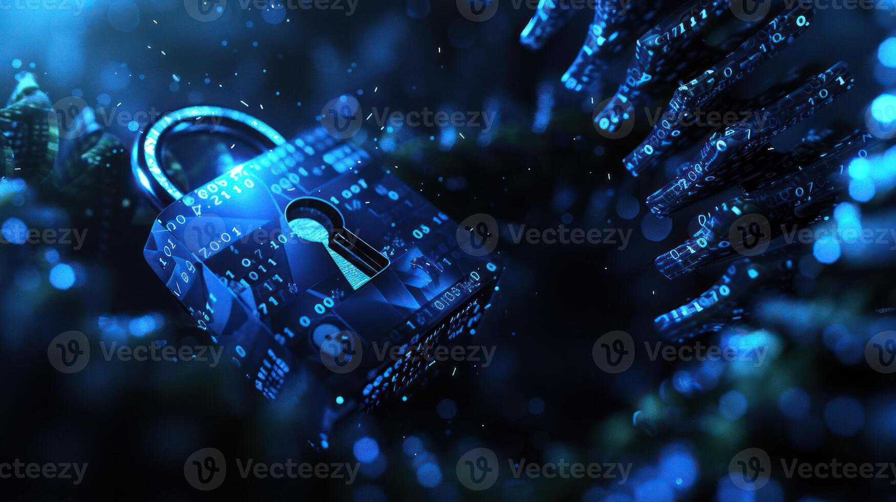 Digital padlock surrounded by binary code, symbolizing cybersecurity in a virtual environment photo