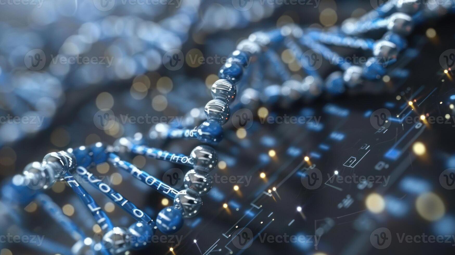Close-up view of a DNA double helix model with digital elements and glowing lights in the background photo