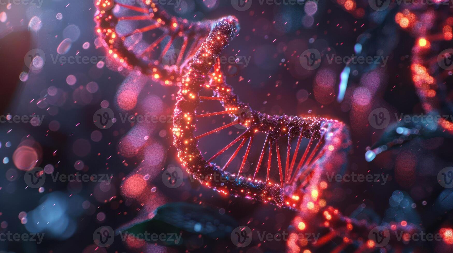 Close-up of a glowing DNA double helix surrounded by shimmering particles and foliage photo