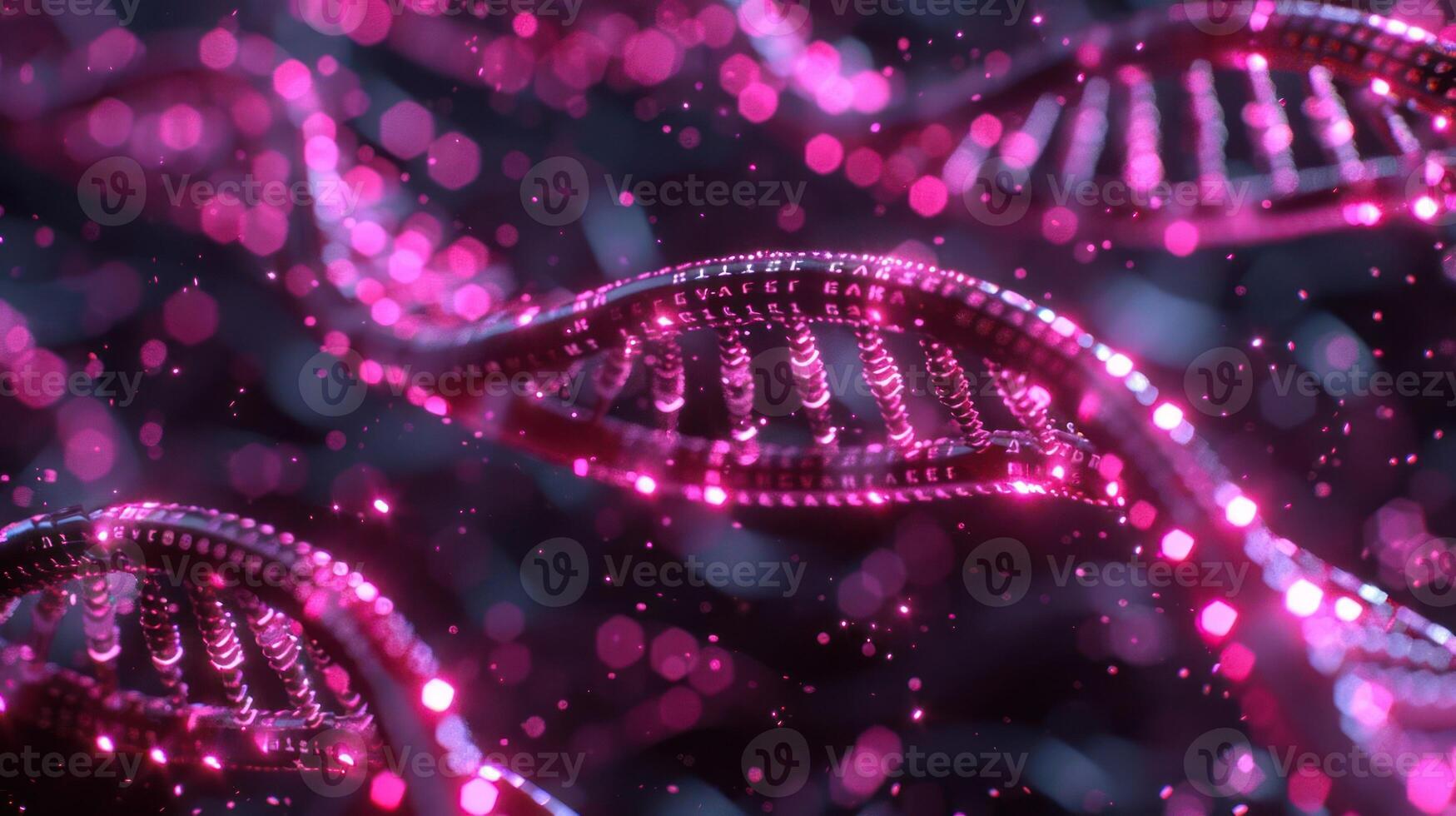 Abstract representation of DNA strands illuminated in vibrant pink hues against a dark backdrop photo
