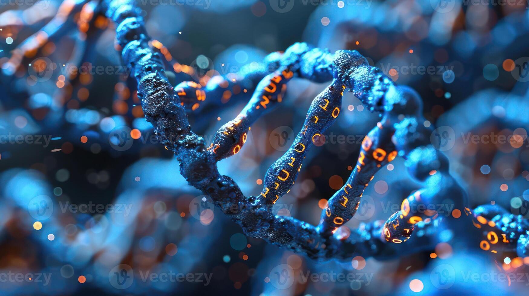 Close-up view of a vibrant DNA double helix with glowing elements, representing genetic data and research photo