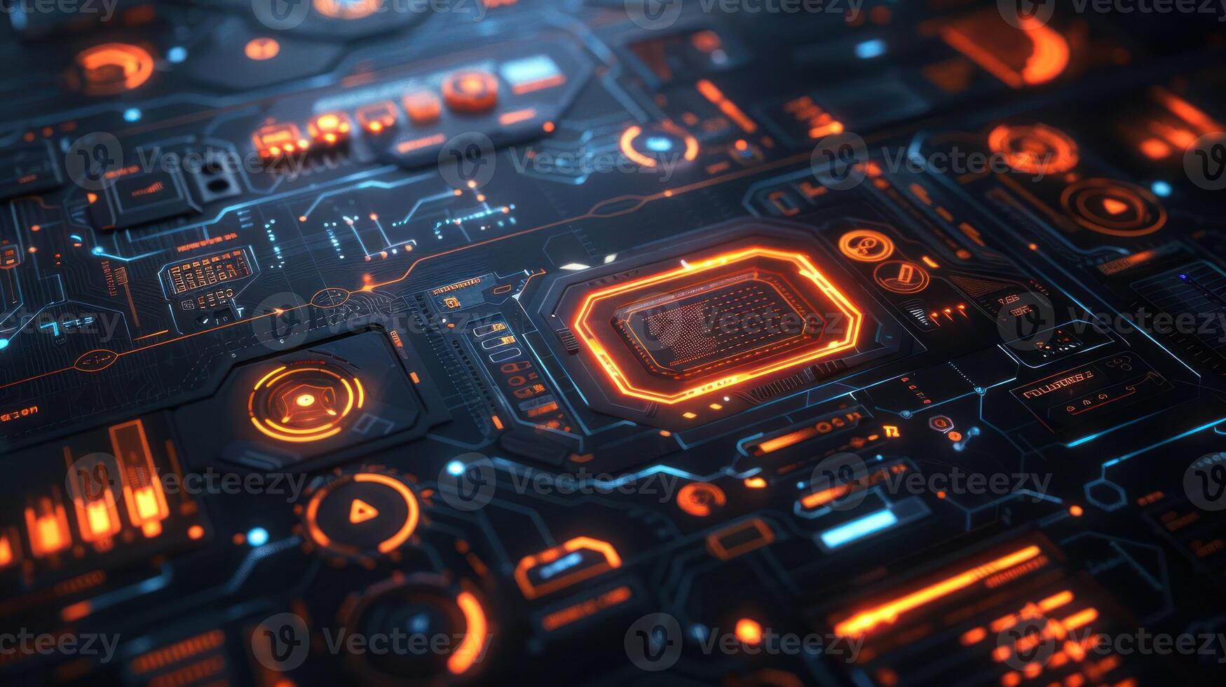 Futuristic digital circuit board with glowing elements showcasing advanced technology design photo