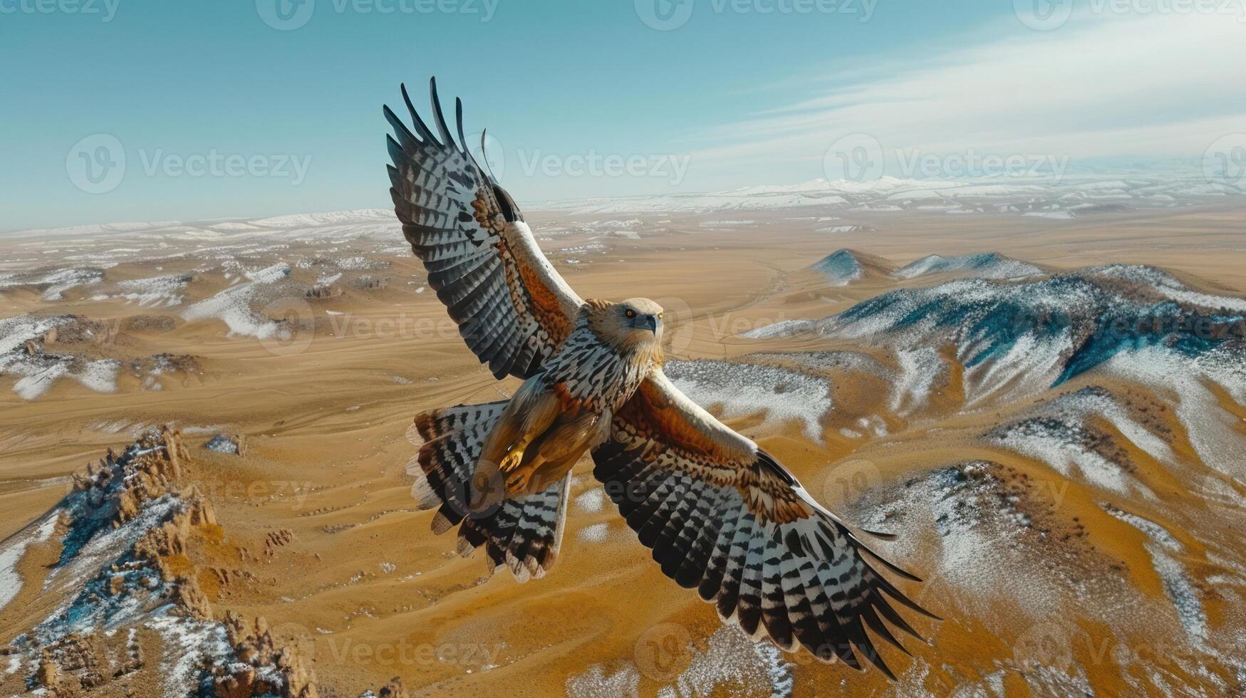 Majestic eagle soaring over vast desert landscape with snow-capped mountains in background photo