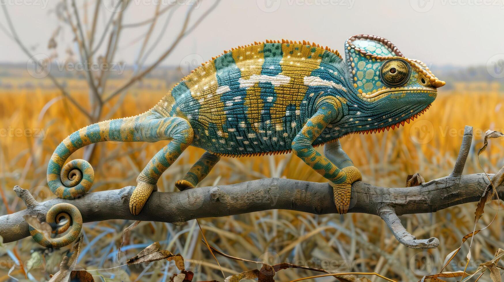 Colorful chameleon perched on a branch in a vibrant, golden grassland with a serene backdrop photo