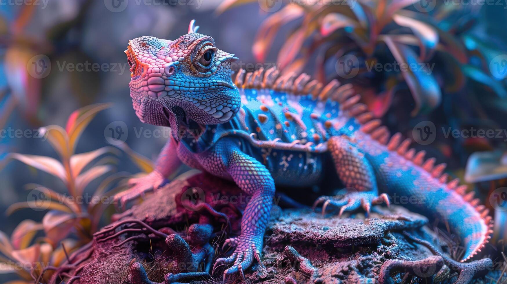 Vividly colored lizard perched on a rock amidst vibrant foliage, showcasing its unique features photo