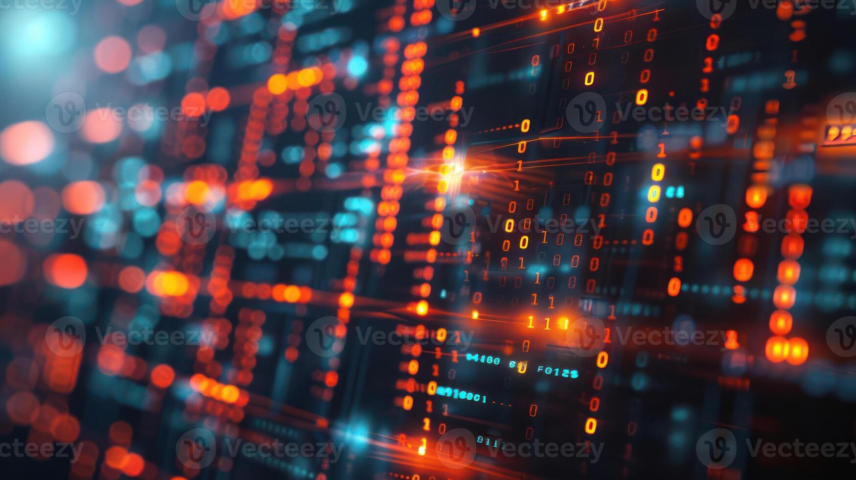 Abstract digital data visualization with glowing binary code and vibrant colors in a tech environment photo