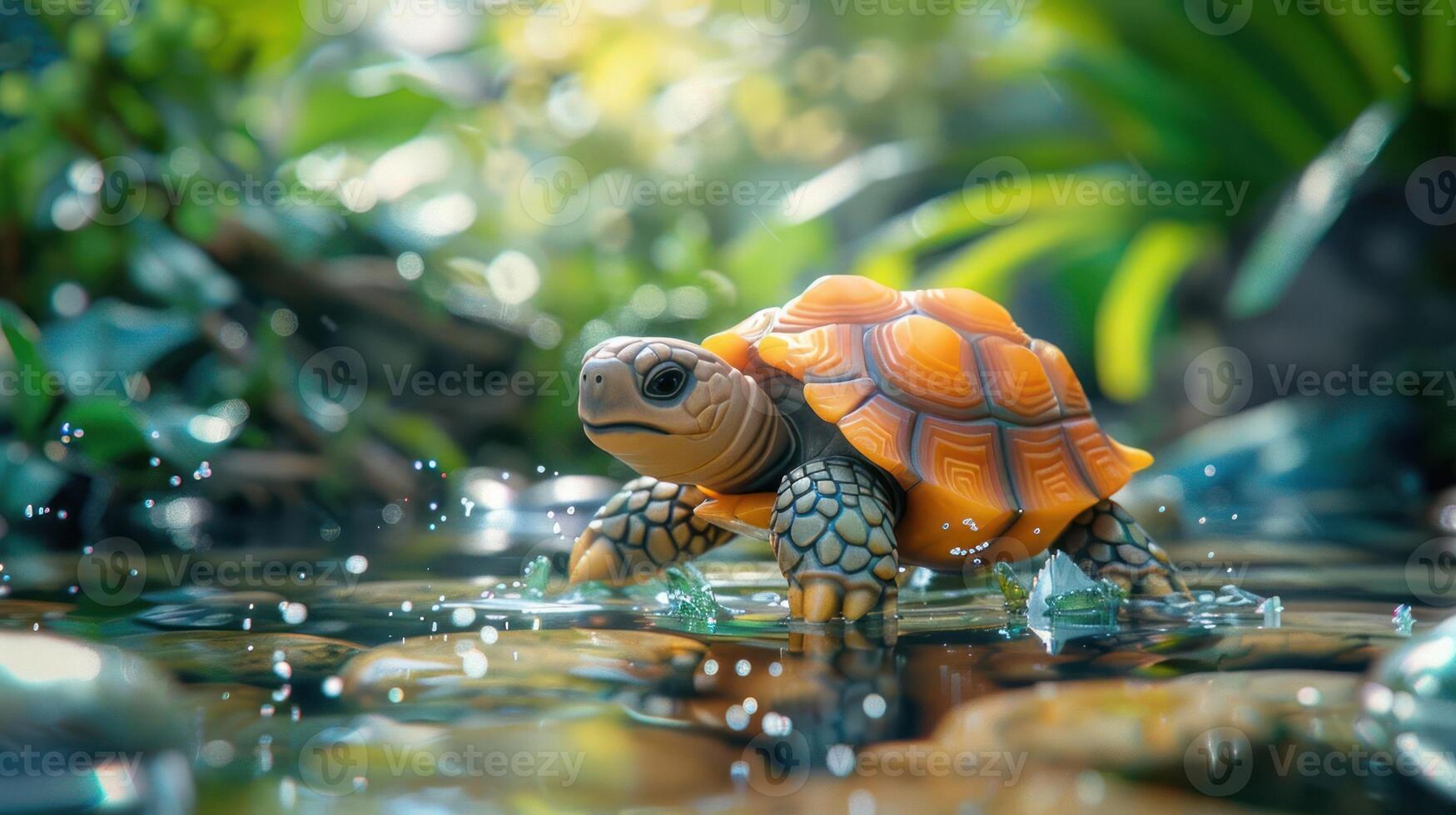 A vibrant turtle splashes water while exploring a lush, green environment with sunlight filtering through photo