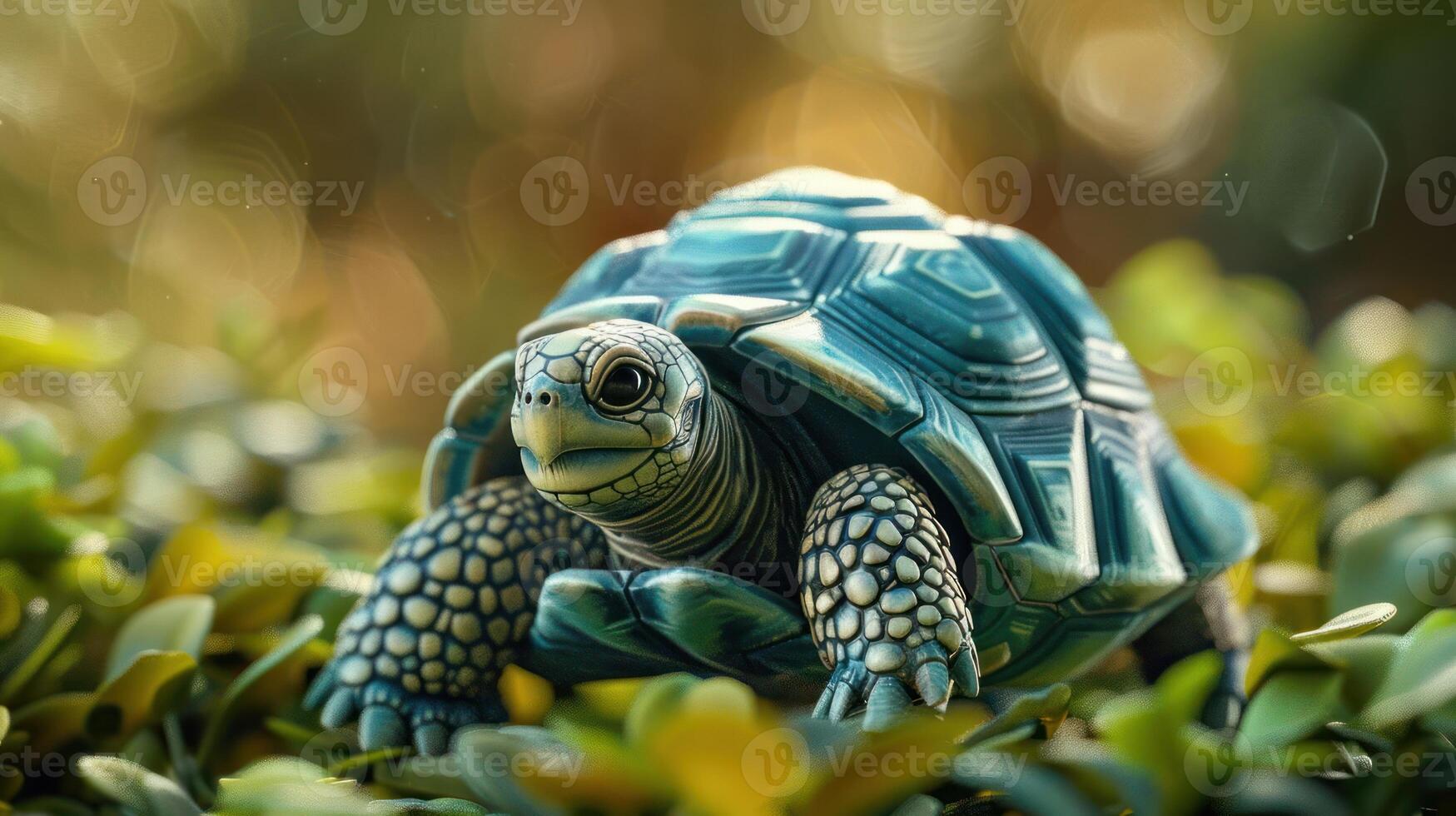 Colorful turtle resting on lush green foliage under soft sunlight with a blurred background photo