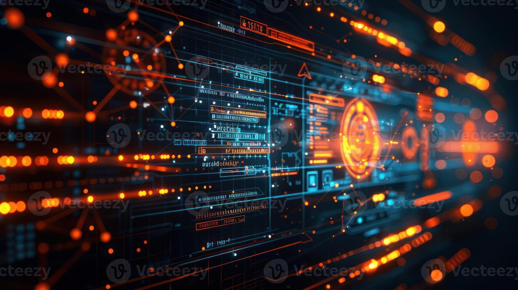 Futuristic digital interface with glowing elements and data flow, showcasing technology in action photo