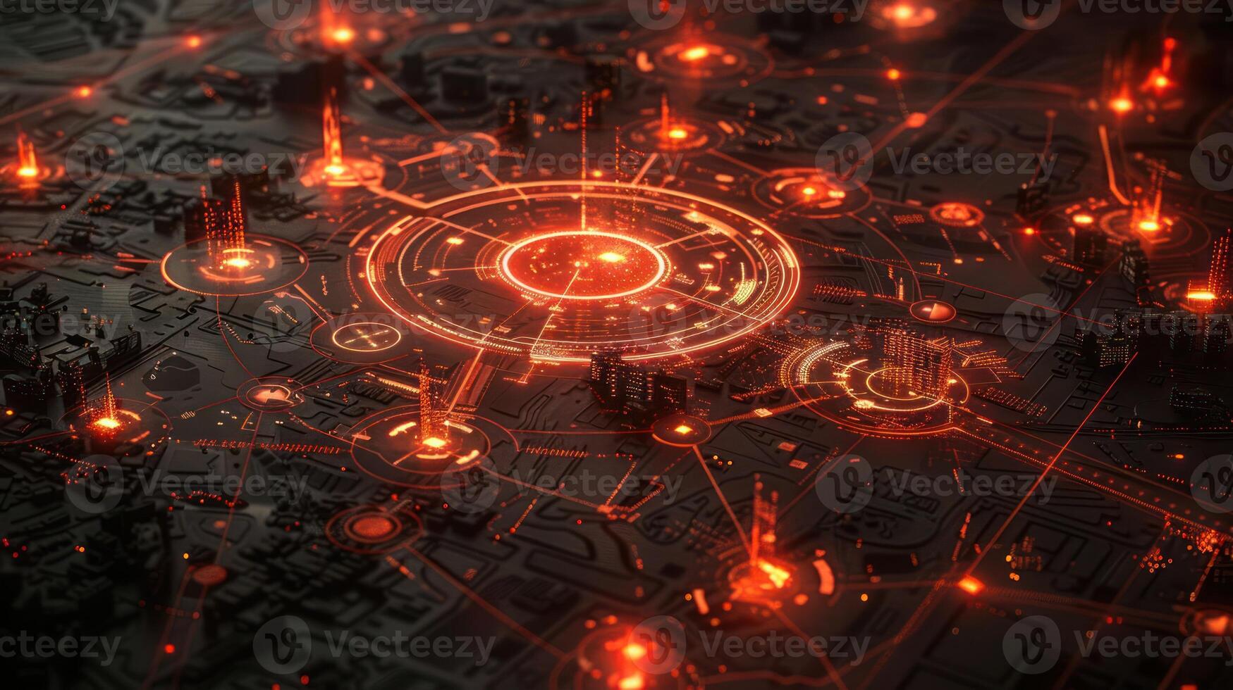 Futuristic cityscape with glowing digital network, showcasing advanced technology and urban life photo