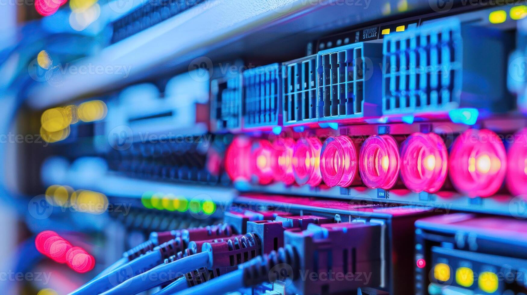 Close-up of a server room with illuminated network cables and blinking lights, showcasing technology photo