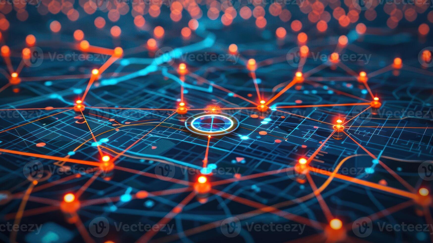 Abstract representation of a digital city map with glowing connections and nodes illustrating data flow photo